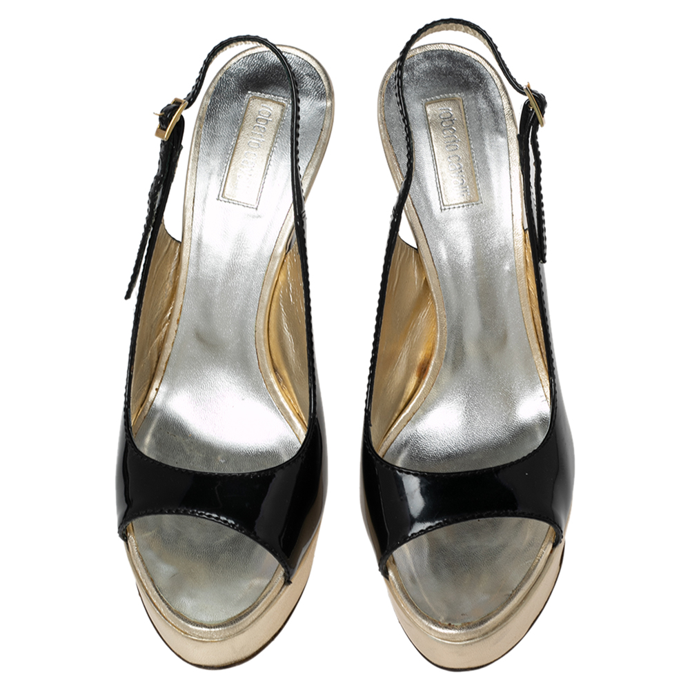 Roberto Cavalli Black-Gold Patent Leather And Leather Slingback Sandals Size 38