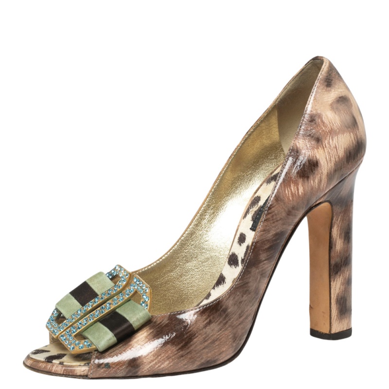 Roberto cavalli brown/beige leopard print patent leather embellished buckle detail peep-toe pumps size 37.5