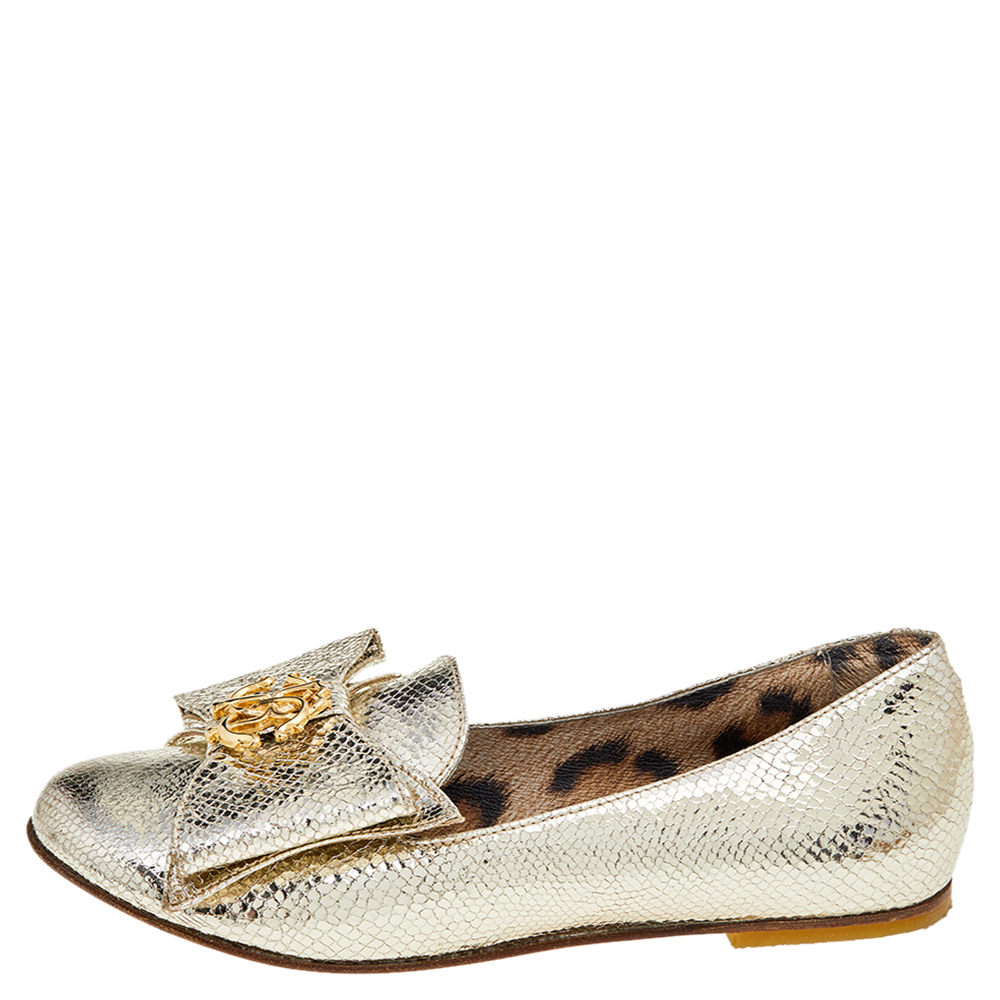 

Roberto Cavalli Metallic Gold Python Effect Leather Metal Logo Slip On Loafers Size