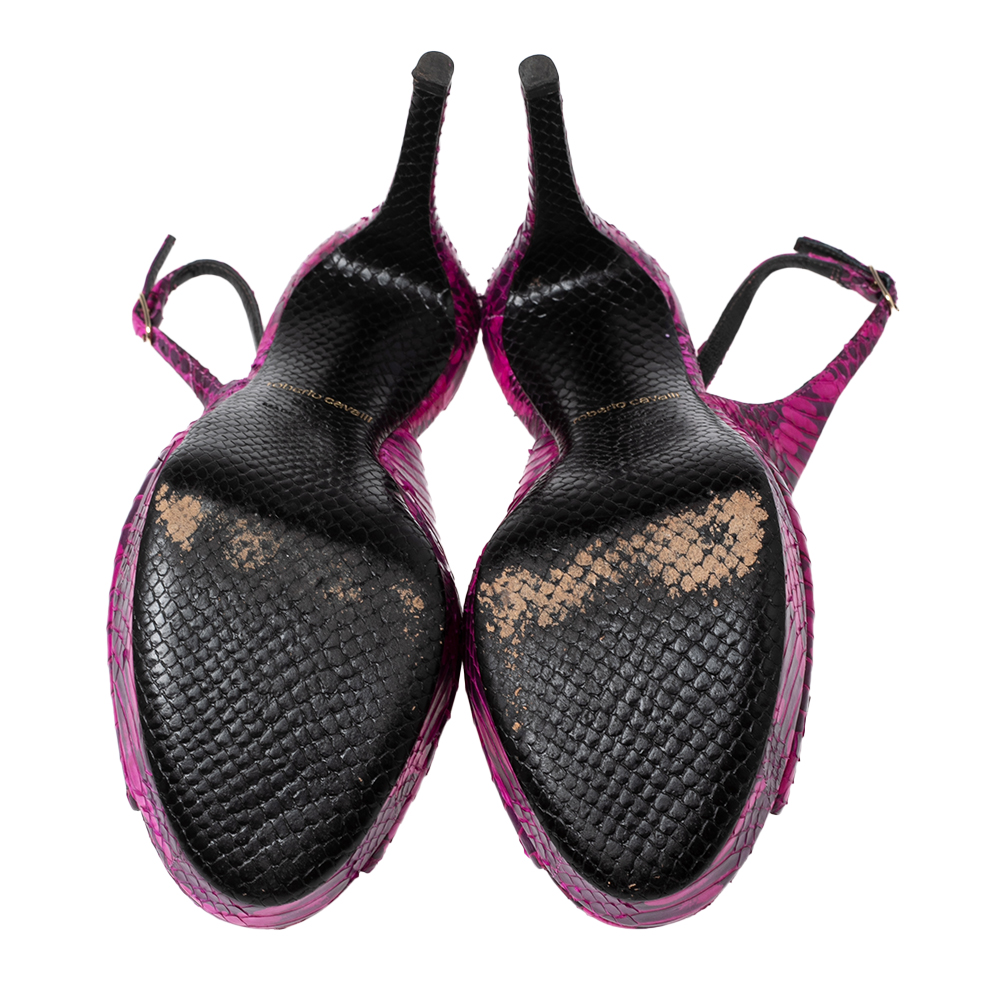Roberto Cavalli Magenta/Black Water Snake Leather Peep-Toe Slingback Platform Pumps Size 38.5