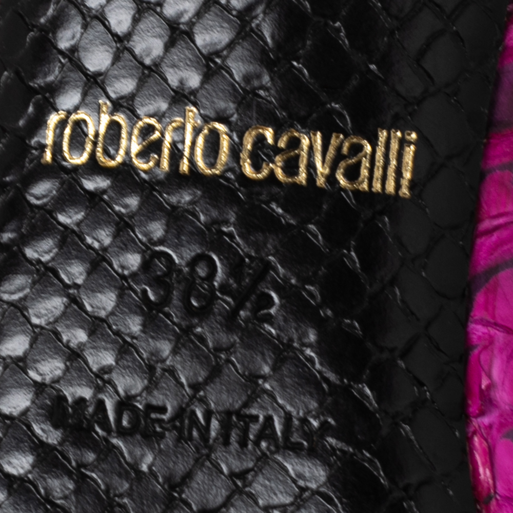 Roberto Cavalli Magenta/Black Water Snake Leather Peep-Toe Slingback Platform Pumps Size 38.5