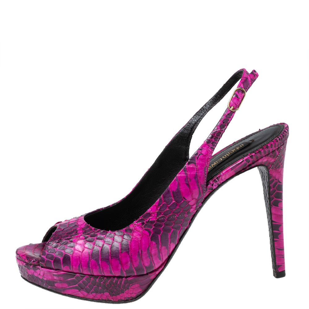 Roberto Cavalli Magenta/Black Water Snake Leather Peep-Toe Slingback Platform Pumps Size 38.5