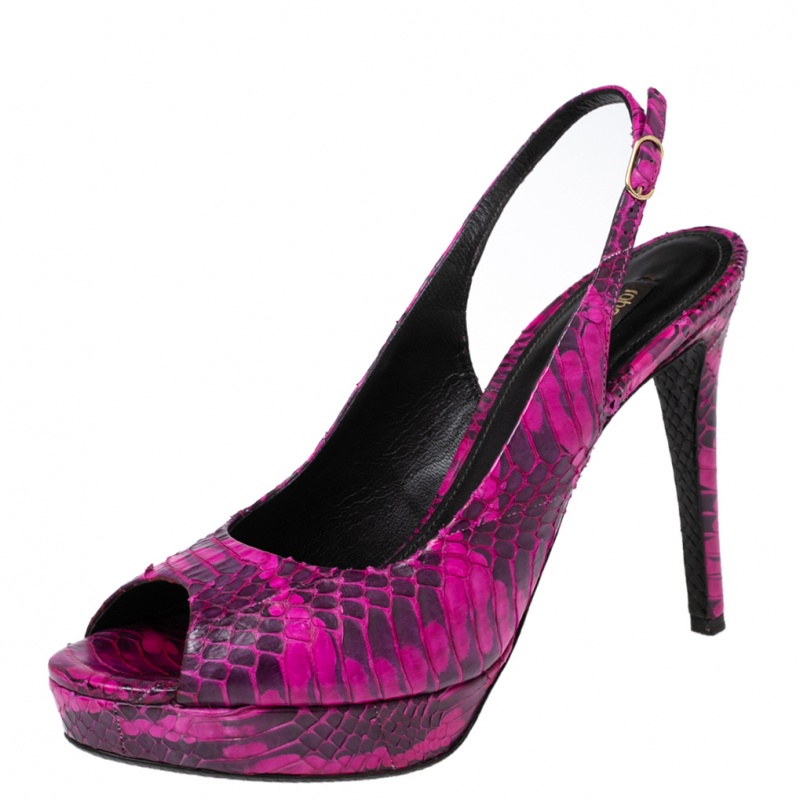 Roberto cavalli magenta/black water snake leather peep-toe slingback platform pumps size 38.5