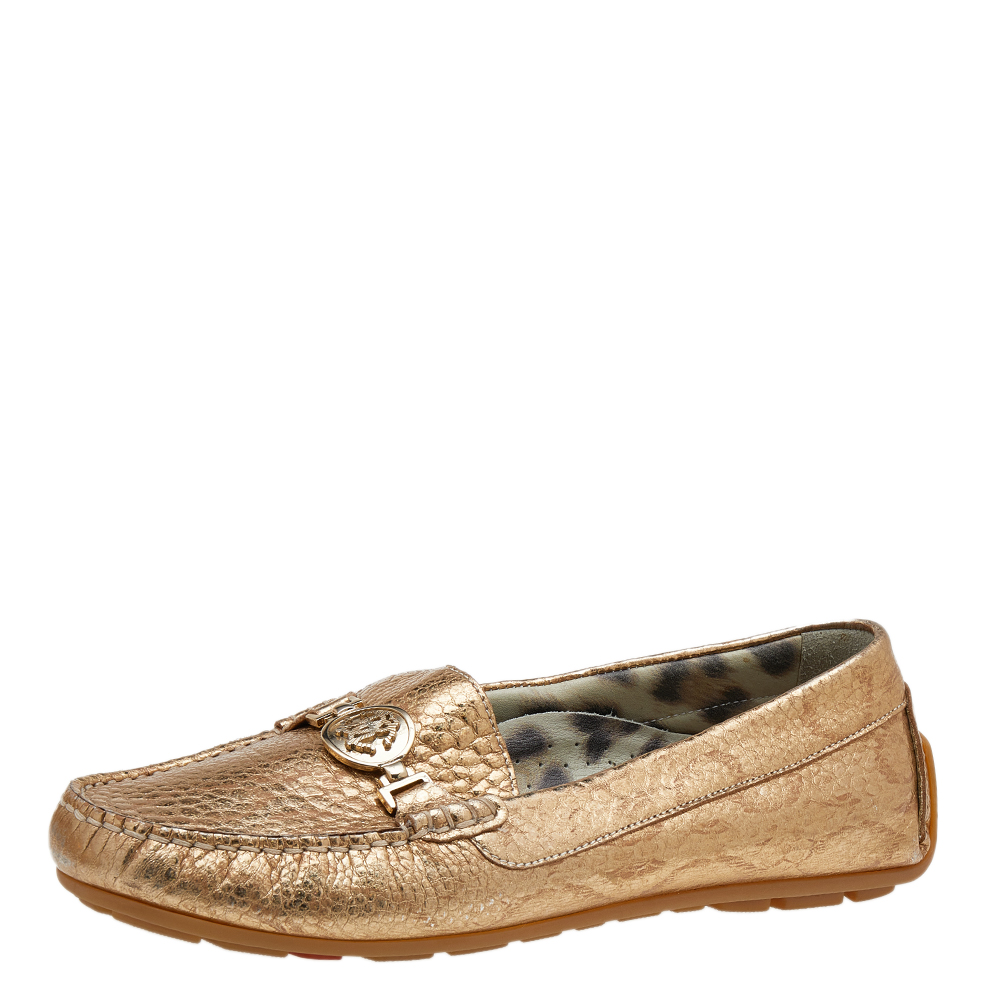Roberto cavalli metallic gold iridescent effect leather embellished slip on loafers size 39