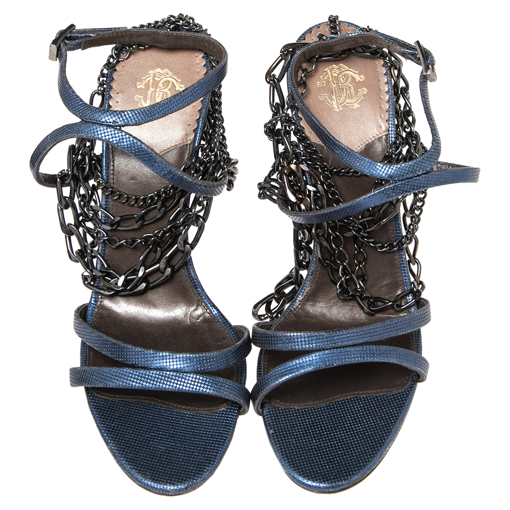 Roberto Cavalli Metallic Blue Leather Ankle Chain/Strap Sandals Size 38