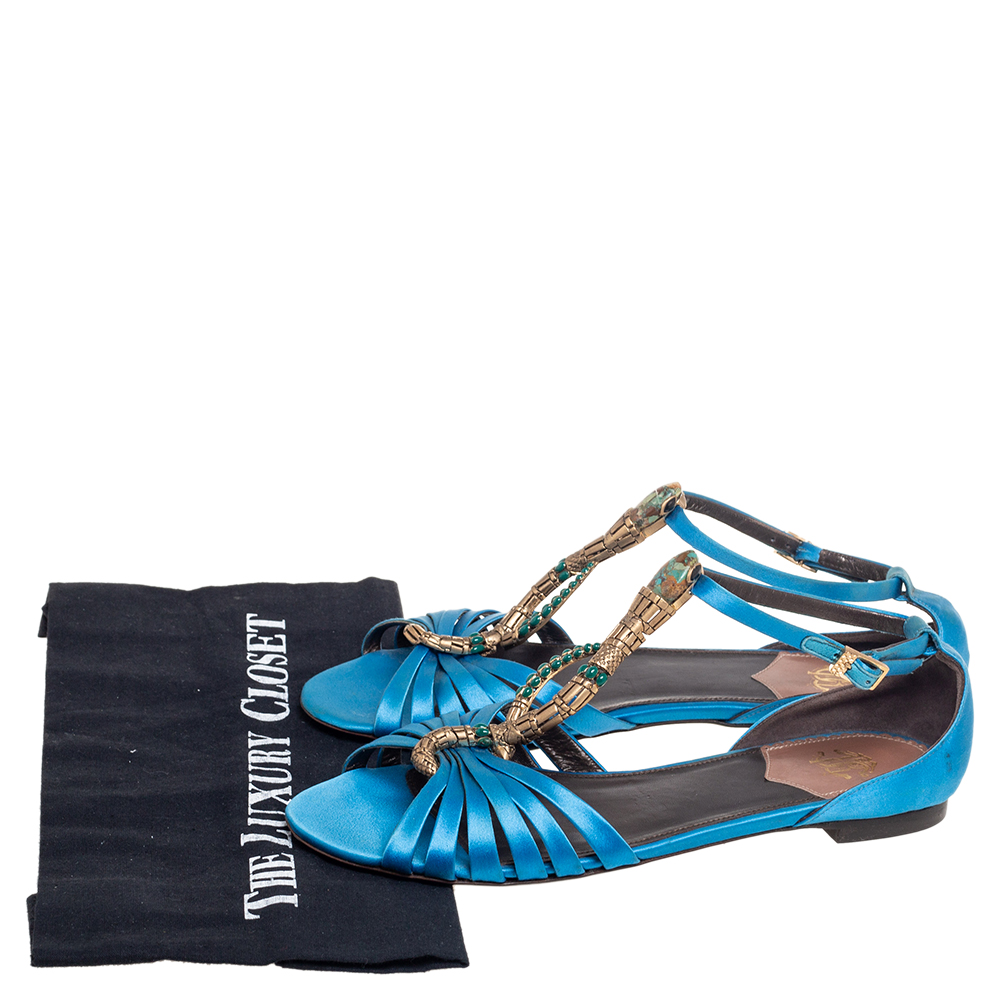 Roberto Cavalli Blue Satin Embellished Flat Sandals Size 38