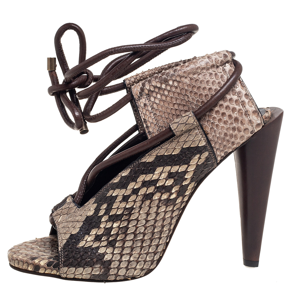 Roberto Cavalli Brown/Beige Python Leather Open Toe Ankle-Tie Sandals Size 38