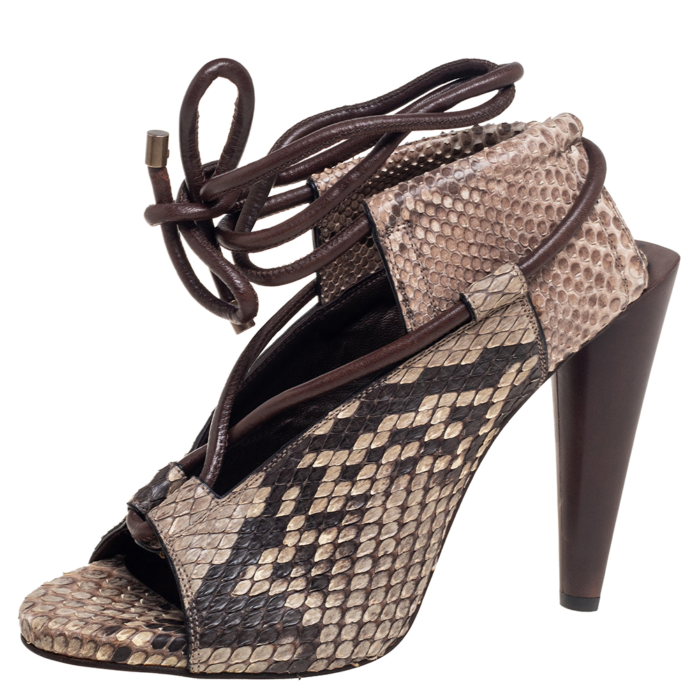 Roberto Cavalli Brown/Beige Python Leather Open Toe Ankle-Tie Sandals Size 38