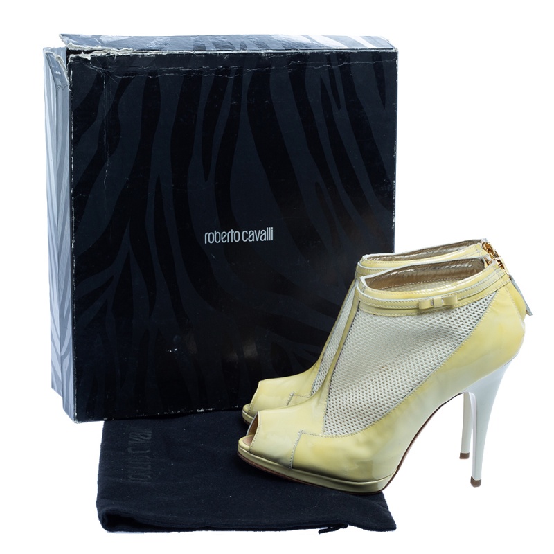 Roberto Cavalli Yellow Patent Leather And Mesh Ankle Booties Size 39