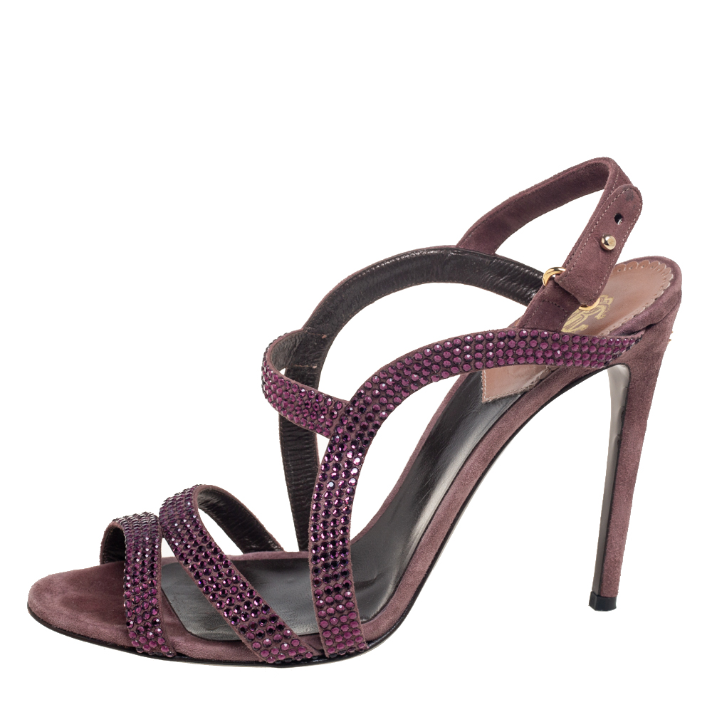 Roberto Cavalli Purple Suede Crystal Embellished Strappy Sandals Size 40