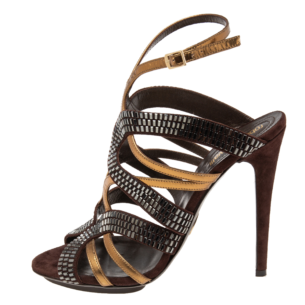 

Roberto Cavalli Brown/Gold Leather And Suede Crystal Embellished Ankle Strap Sandals Size
