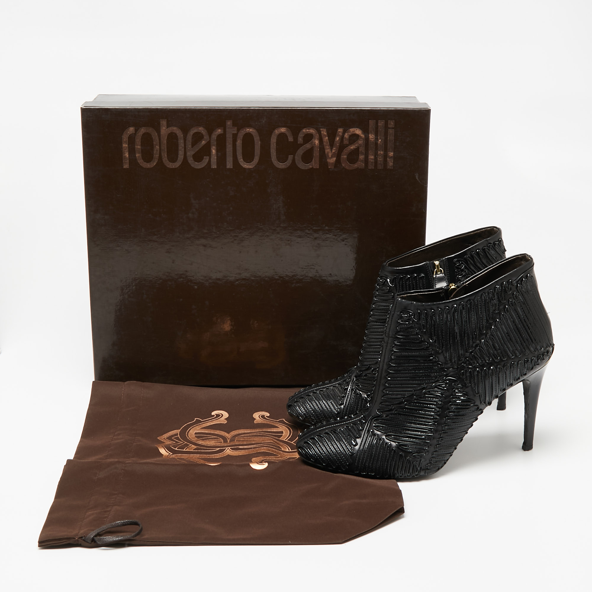 Roberto Cavalli Black Patent And Leather Ankle Boots Size 40