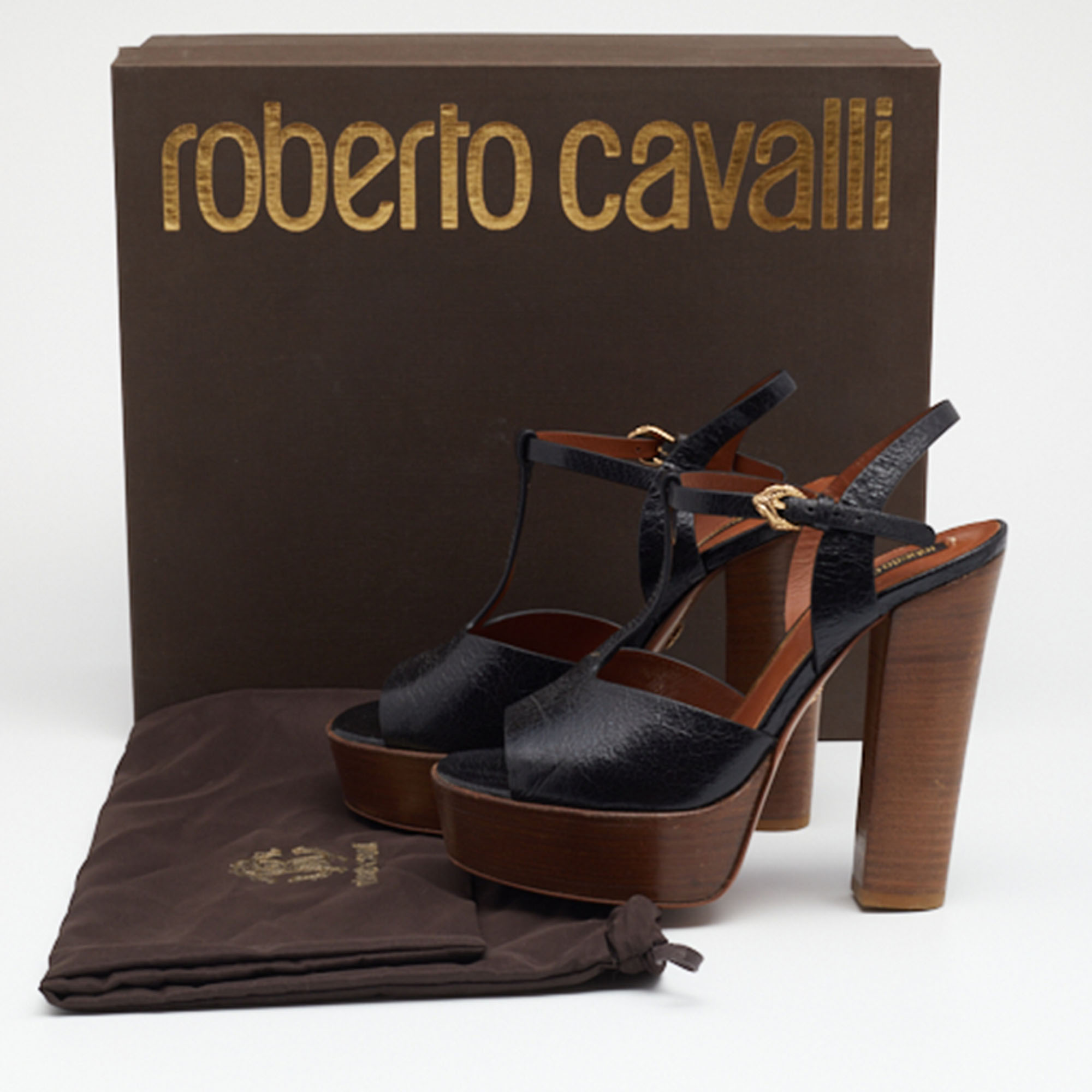 Roberto Cavalli Black Leather T Strap Platform Sandals Size 36