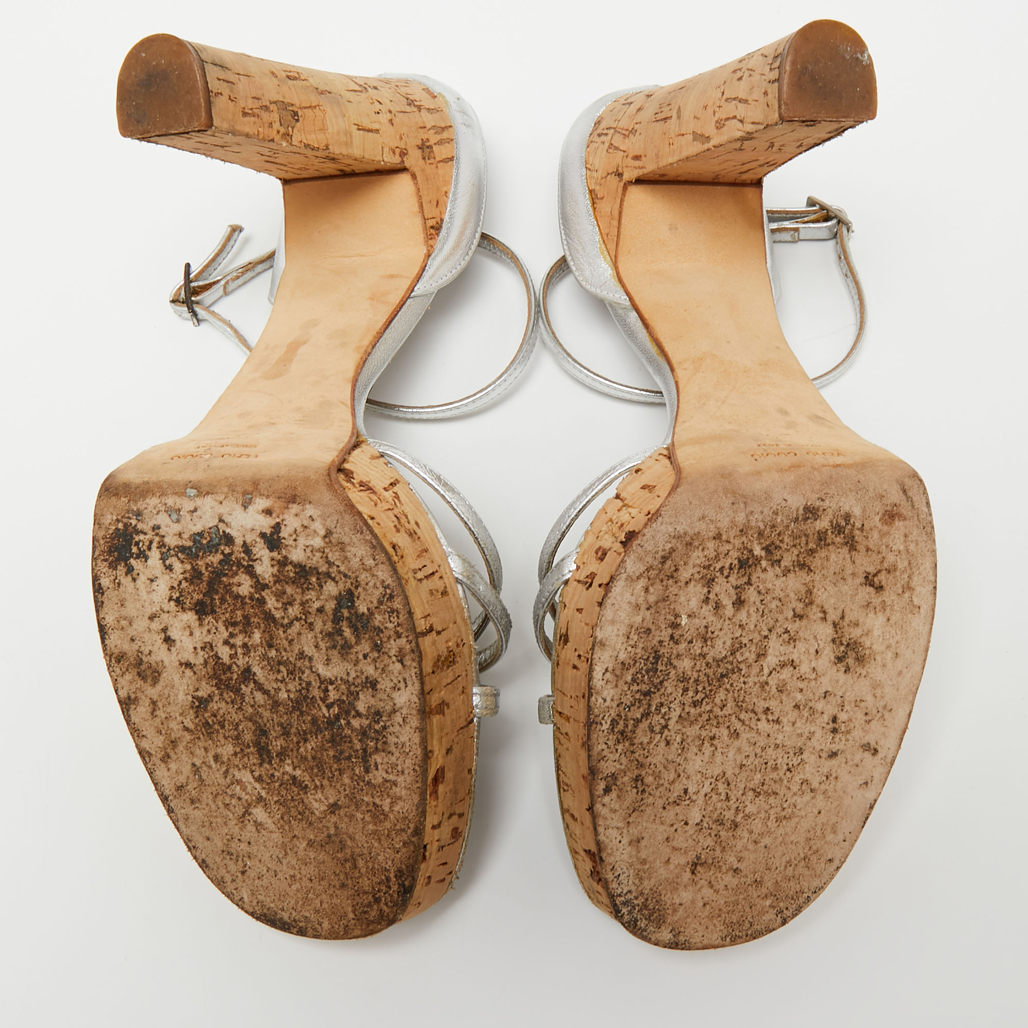 Roberto Cavalli Silver Leather T-Strap Platform Sandals Size 39