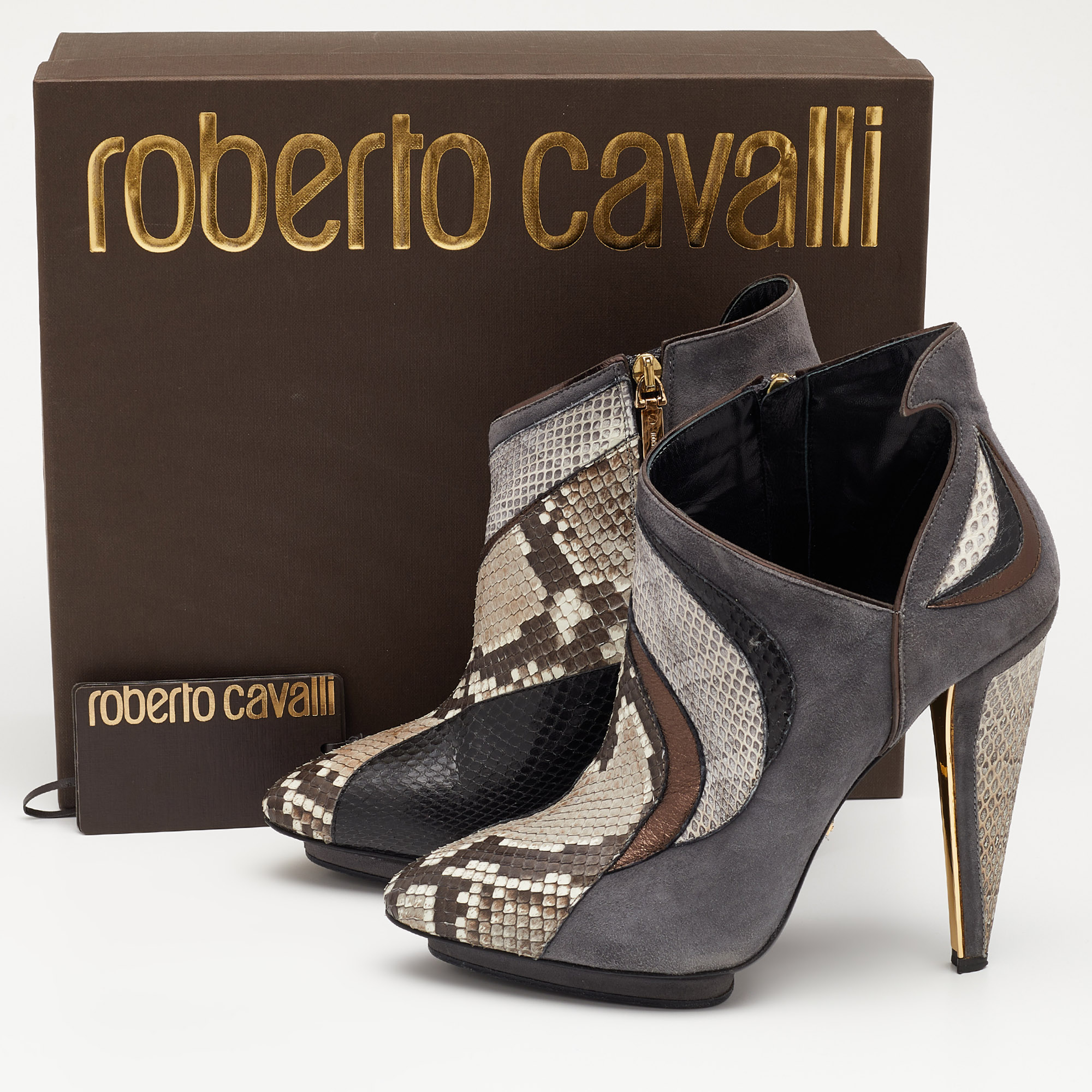 Roberto Cavalli Multicolor Snakeskin And Suede Ankle Boots Size 38.5