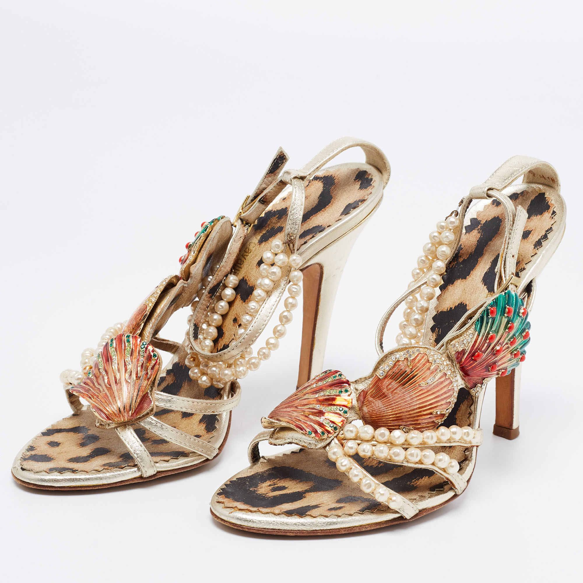 

Roberto Cavalli Metallic Gold Leather Embellished Ankle Strap Sandals Size