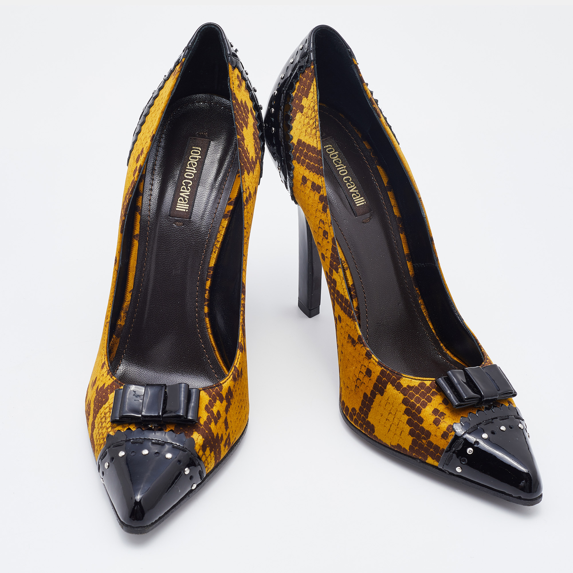 Roberto Cavalli Multicolor Snakeskin Print Satin And Patent Leather Bow Pumps Size 40