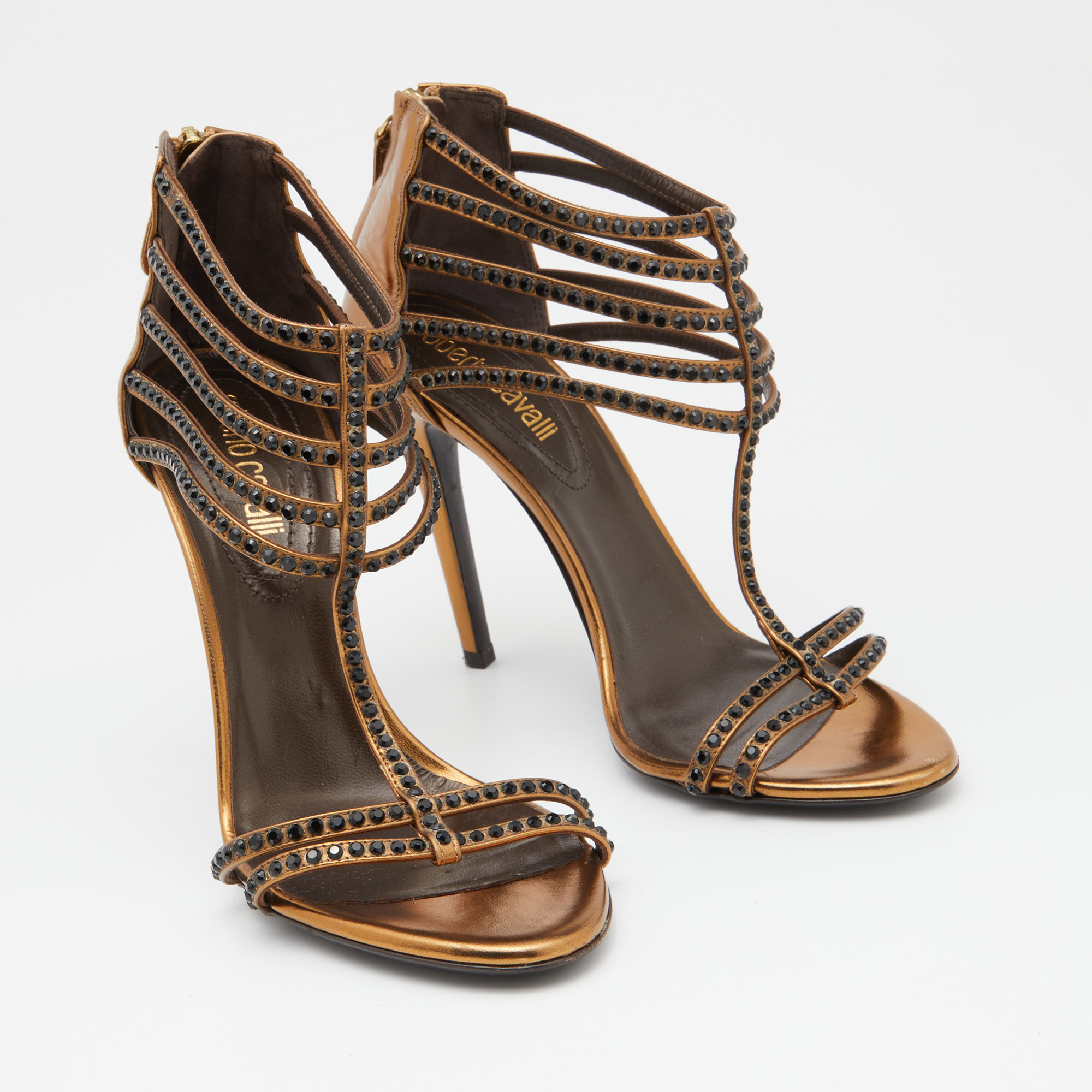 Roberto Cavalli Gold Leather Ankle Strap Sandals Size Size 37