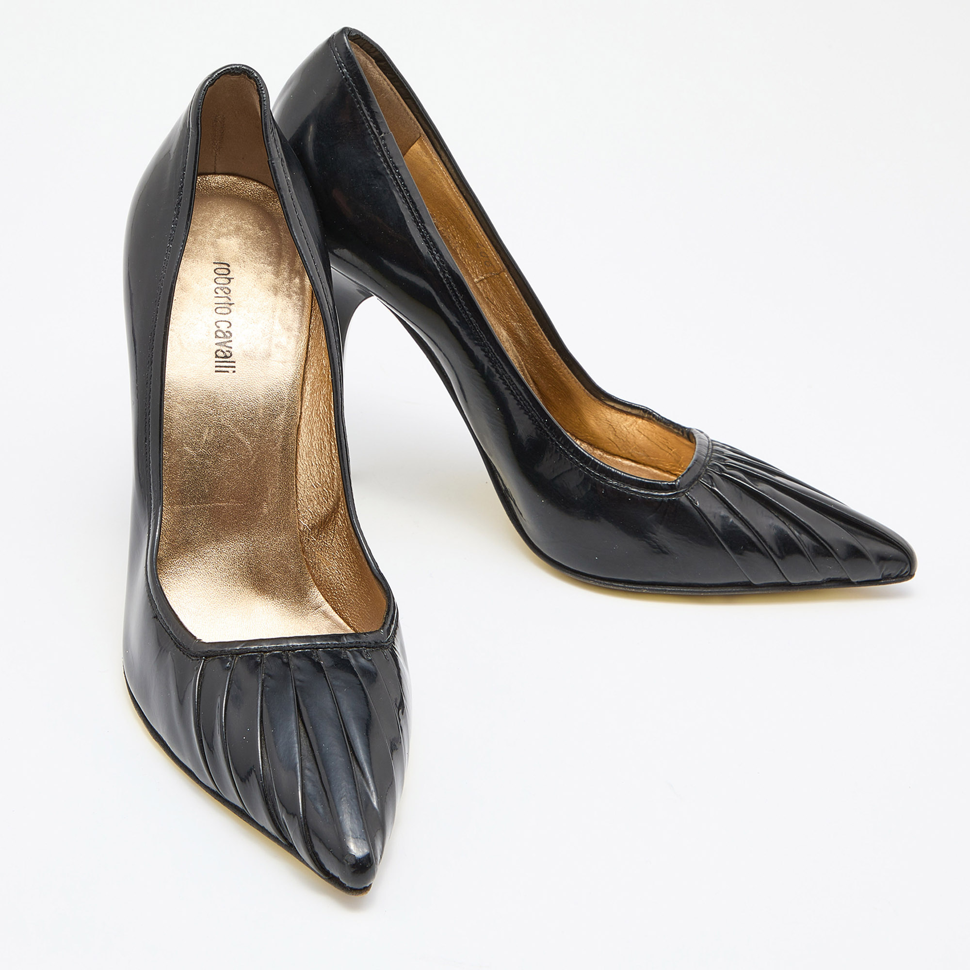 Roberto Cavalli Black Pleated Patent Leather Pointed Toe Pumps Size 36.5