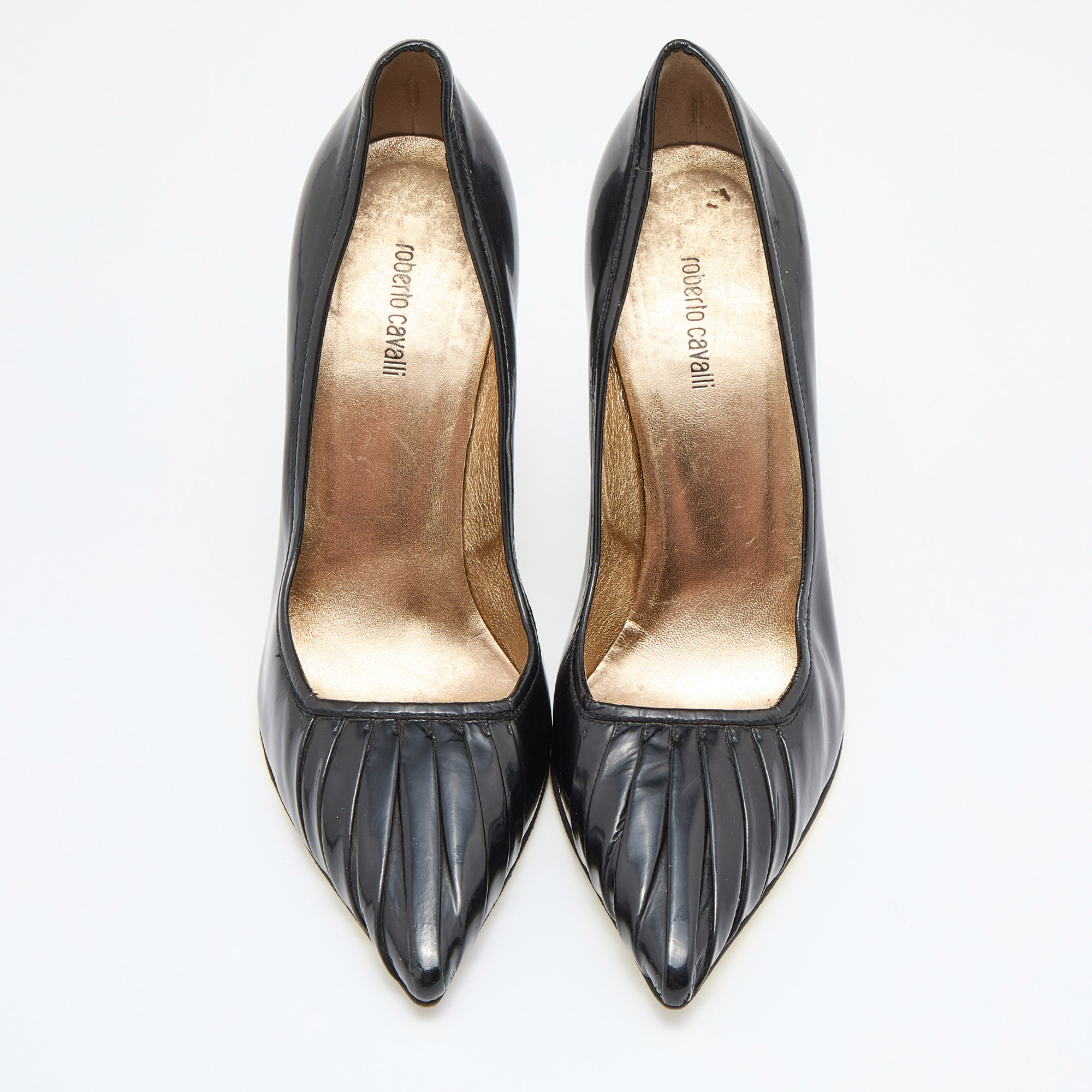 Roberto Cavalli Black Pleated Patent Leather Pointed Toe Pumps Size 36.5