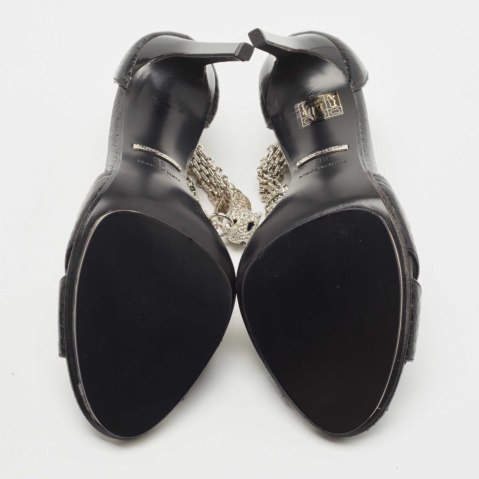 Roberto Cavalli Black Snakeskin Crystal Embellished Panther Sandals Size 39
