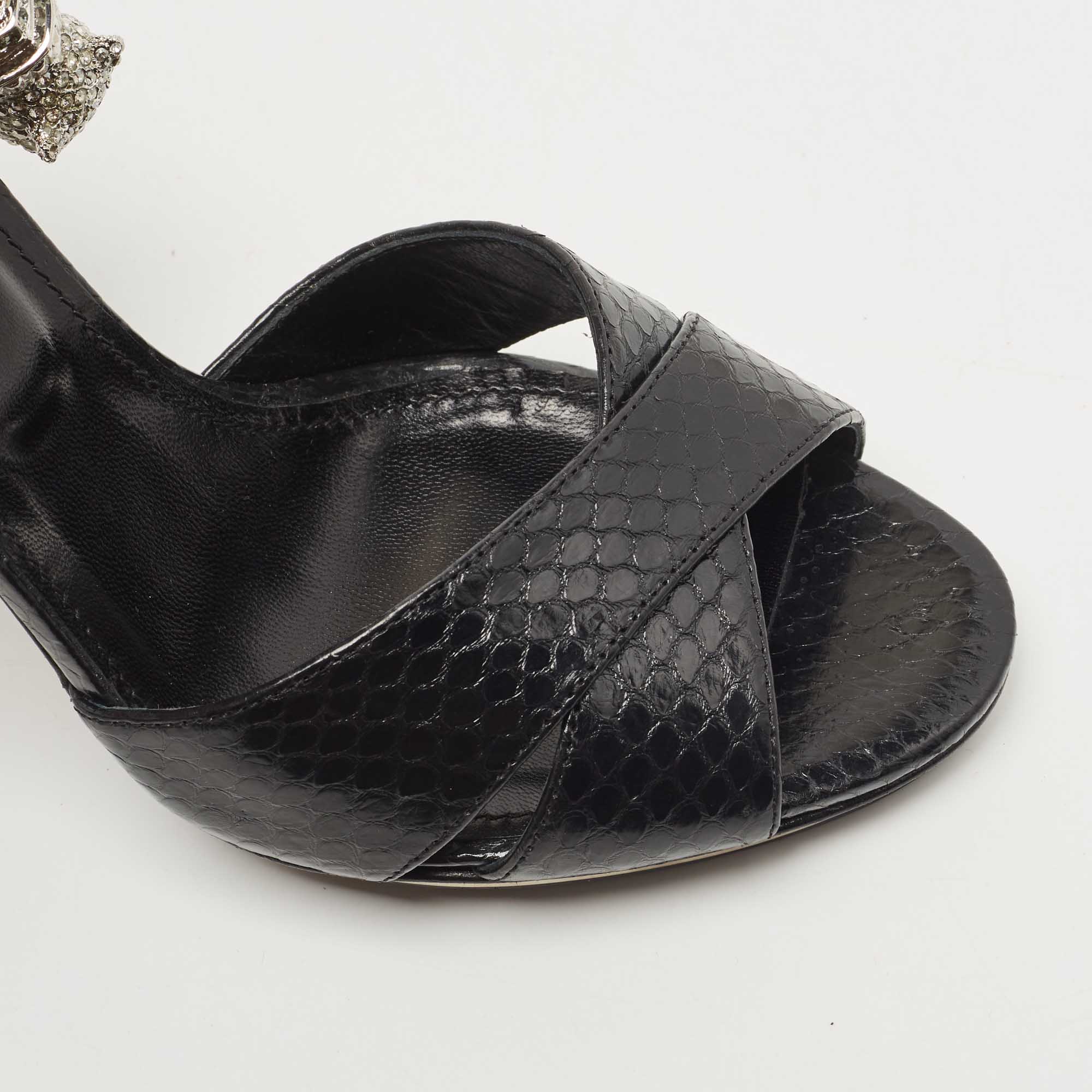 Roberto Cavalli Black Snakeskin Crystal Embellished Panther Sandals Size 39