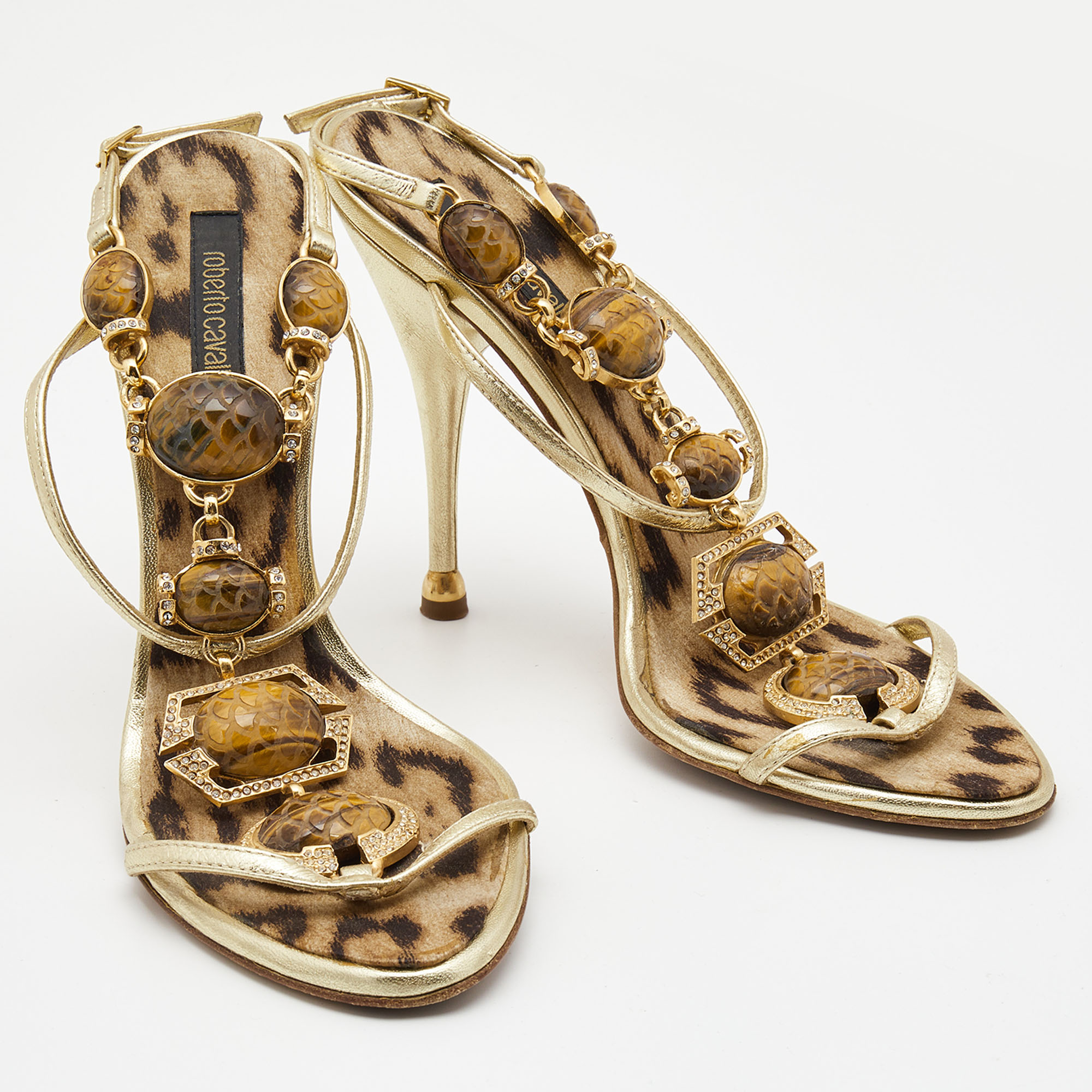 Roberto Cavalli Gold Leather Jeweled And Crystal Embellished T-Strap Sandals Size 38