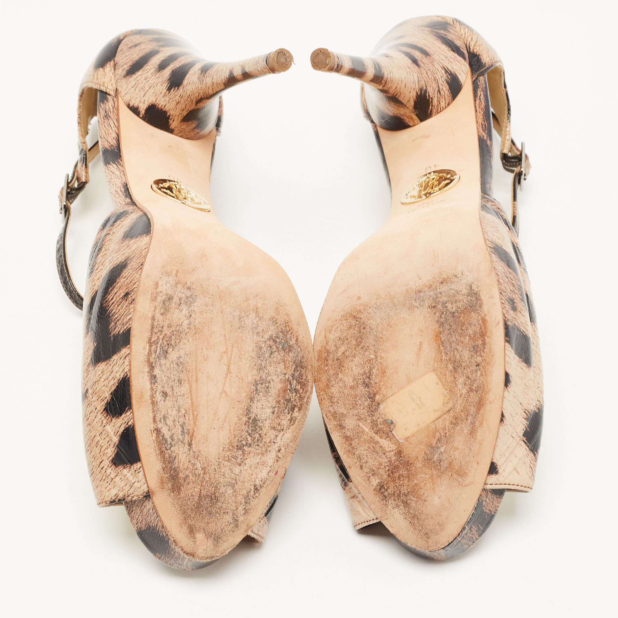 Roberto Cavalli Brown/Beige Leopard Print Leather Crystal Embellished T-Bar Ankle Strap Sandals Size 40