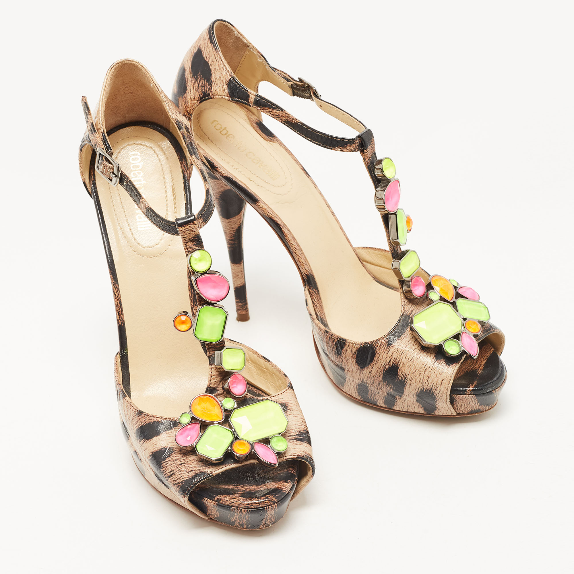 Roberto Cavalli Brown/Beige Leopard Print Leather Crystal Embellished T-Bar Ankle Strap Sandals Size 40