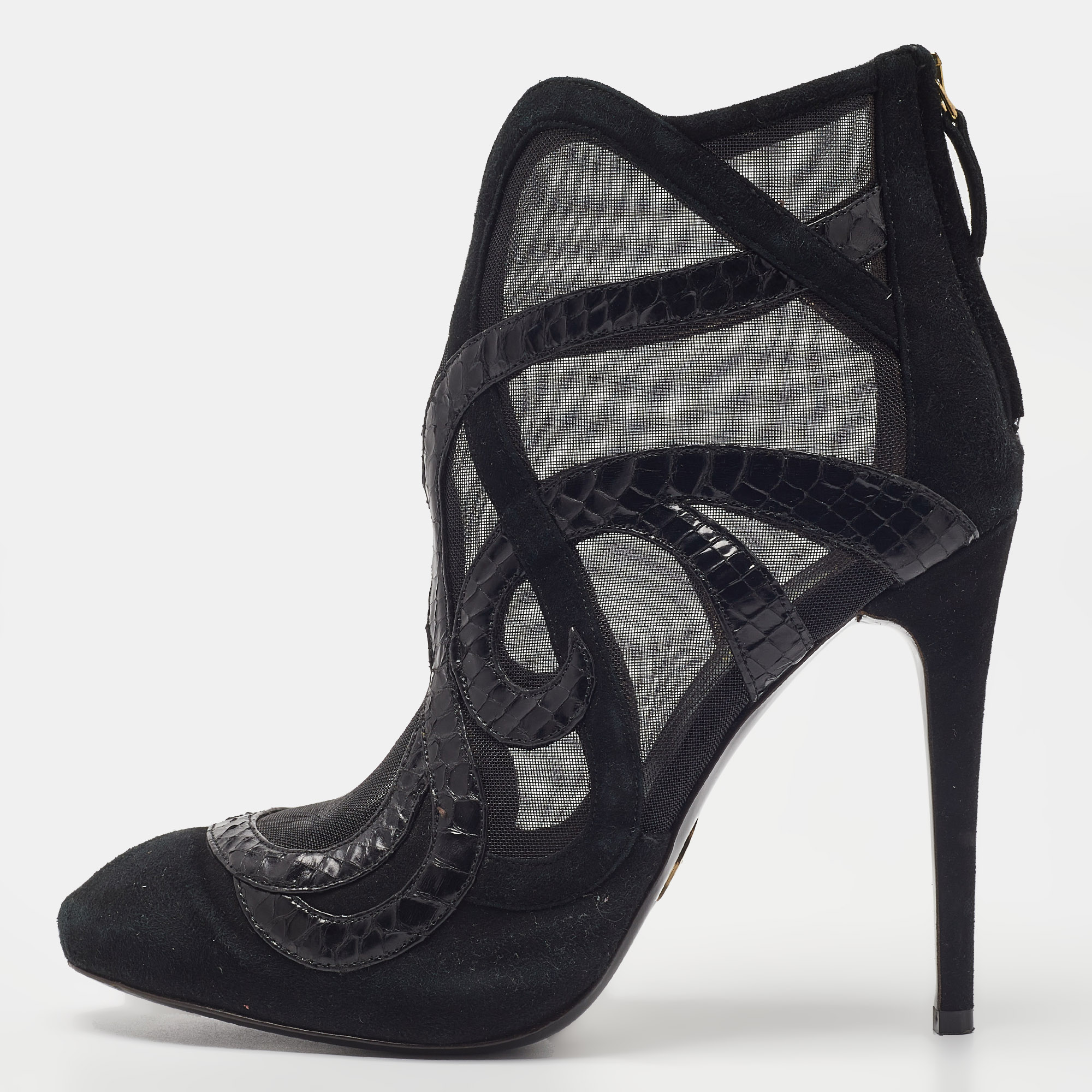 Roberto Cavalli Black Python, Suede And Mesh Ankle Booties Size 39