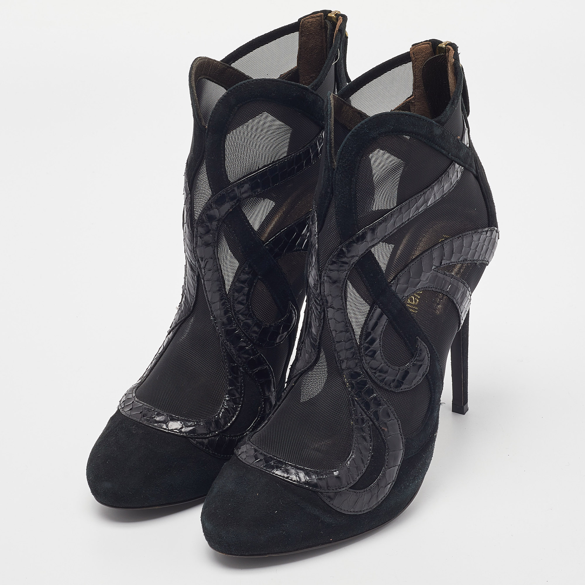 Roberto Cavalli Black Python, Suede And Mesh Ankle Booties Size 39