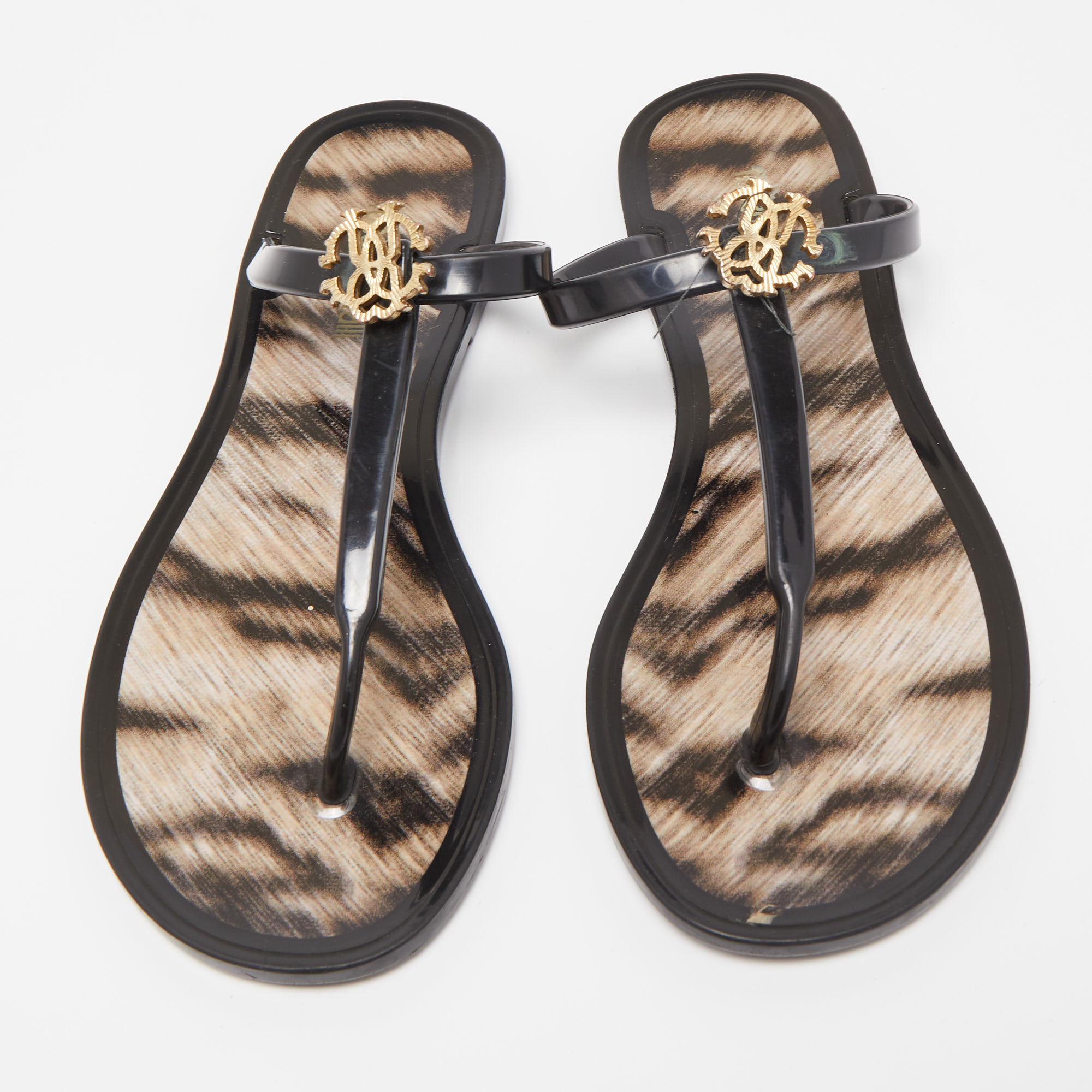 Roberto Cavalli Black Rubber Thong Flat Sandals Size 37