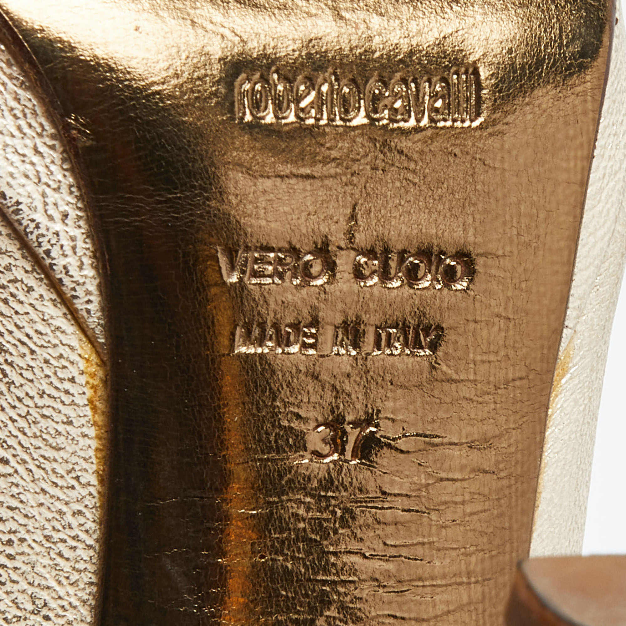 Roberto Cavalli Metallic Gold Leather Peep Toe Pumps Size 37