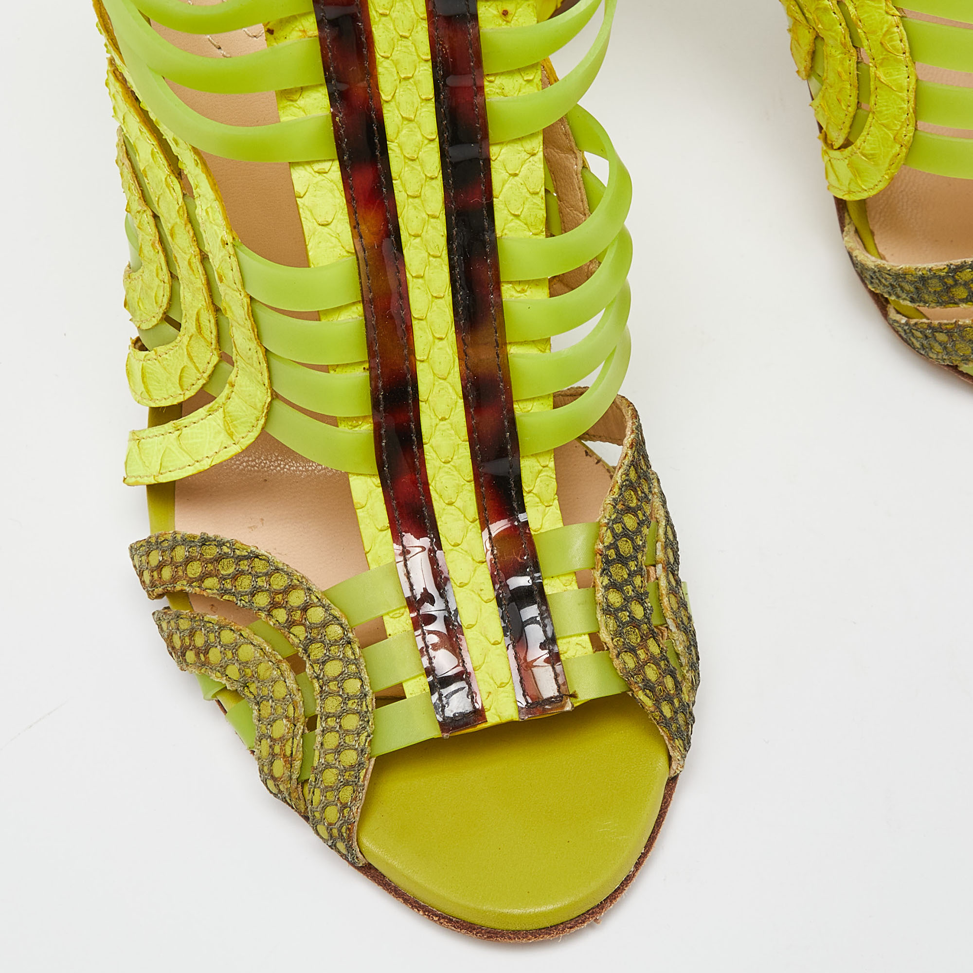 Roberto Cavalli Green Watersnake Leather And Jelly Cage Open Toe Sandals Size 38.5