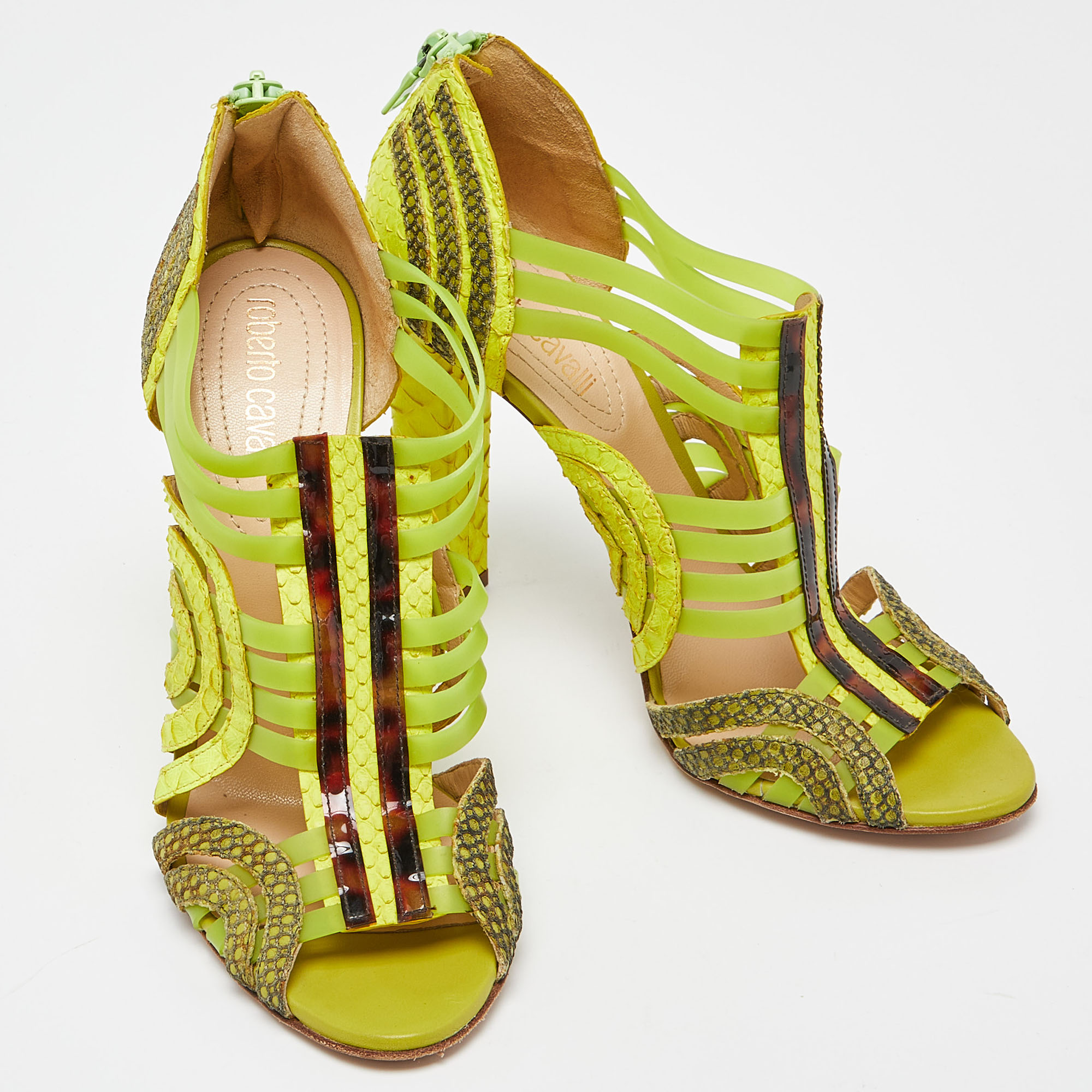 Roberto Cavalli Green Watersnake Leather And Jelly Cage Open Toe Sandals Size 38.5
