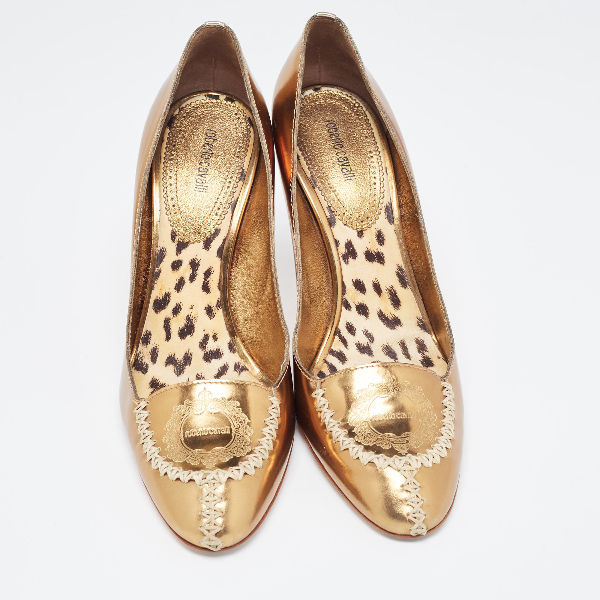 Roberto Cavalli Golden Foil Leather Loafers Pumps Size 38.5