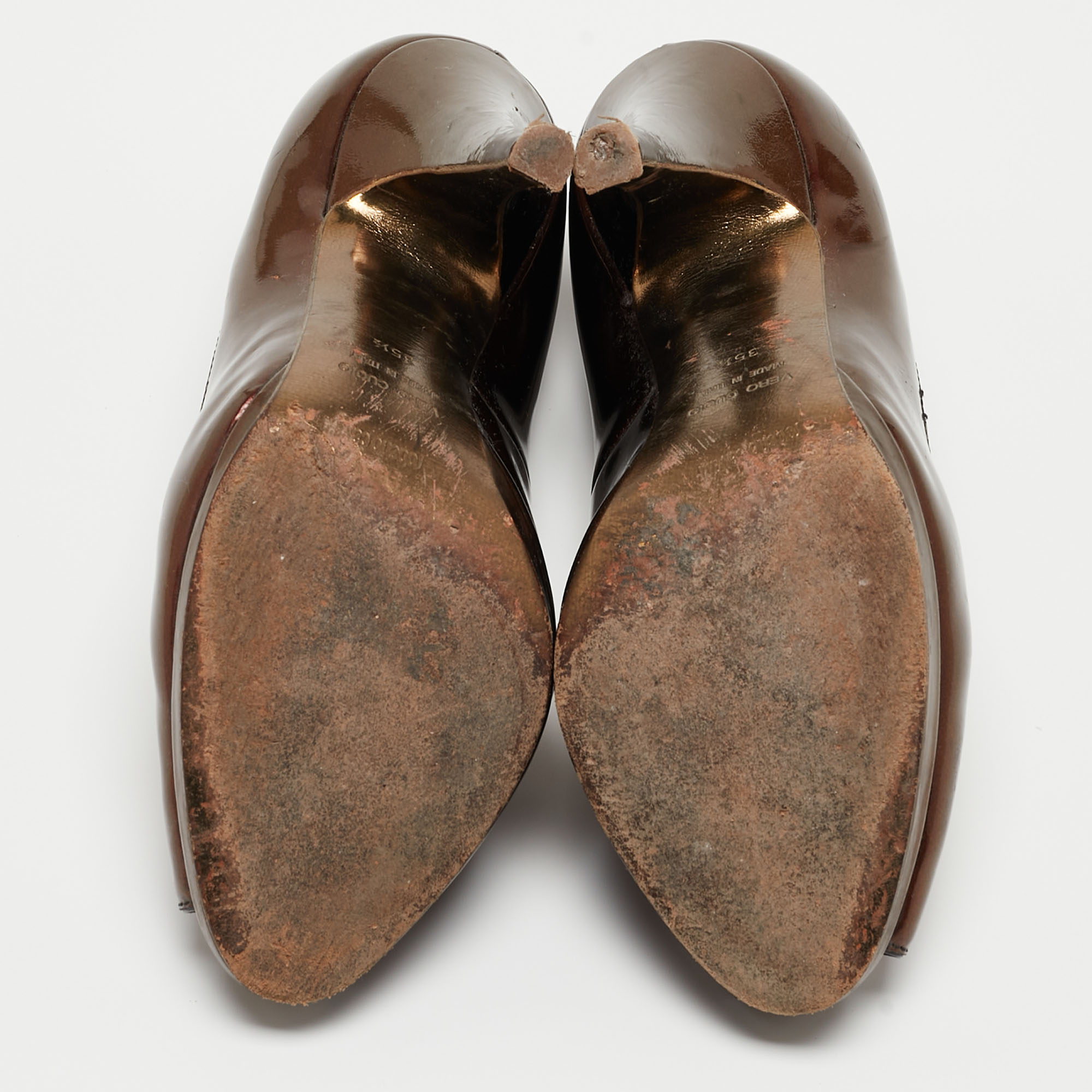 Roberto Cavalli Metallic Gold Patent Leather Peep Toe Pumps Size 35.5