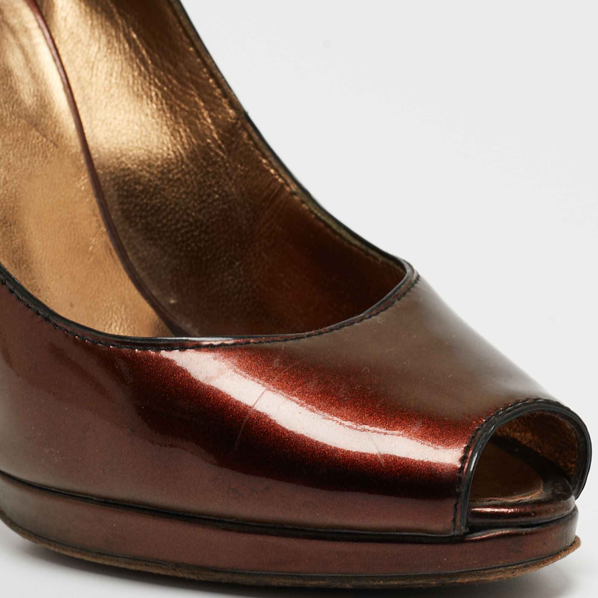 Roberto Cavalli Metallic Gold Patent Leather Peep Toe Pumps Size 35.5
