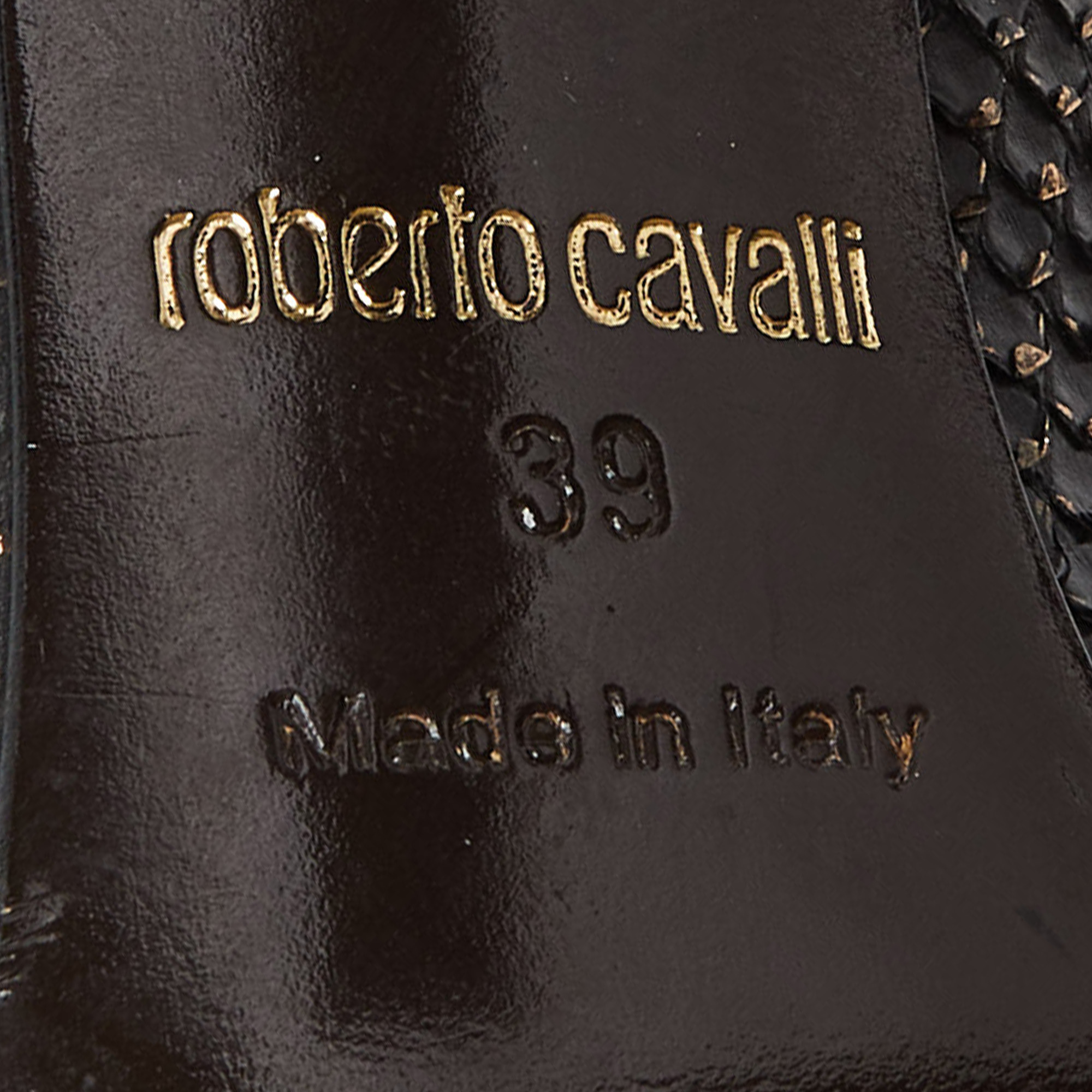 Roberto Cavalli Black/Gold Watersnake Leather Block Heel Pumps Size 39