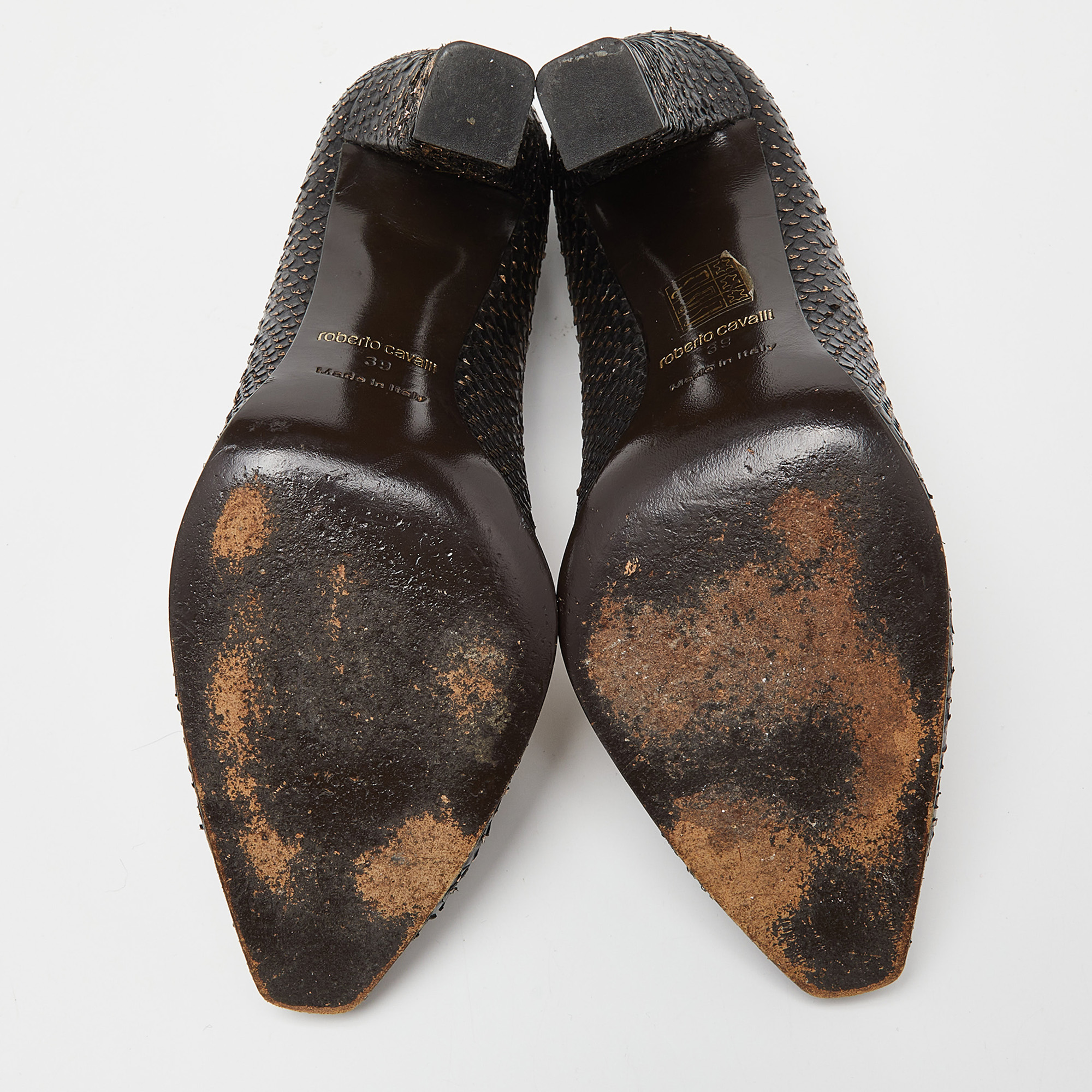 Roberto Cavalli Black/Gold Watersnake Leather Block Heel Pumps Size 39