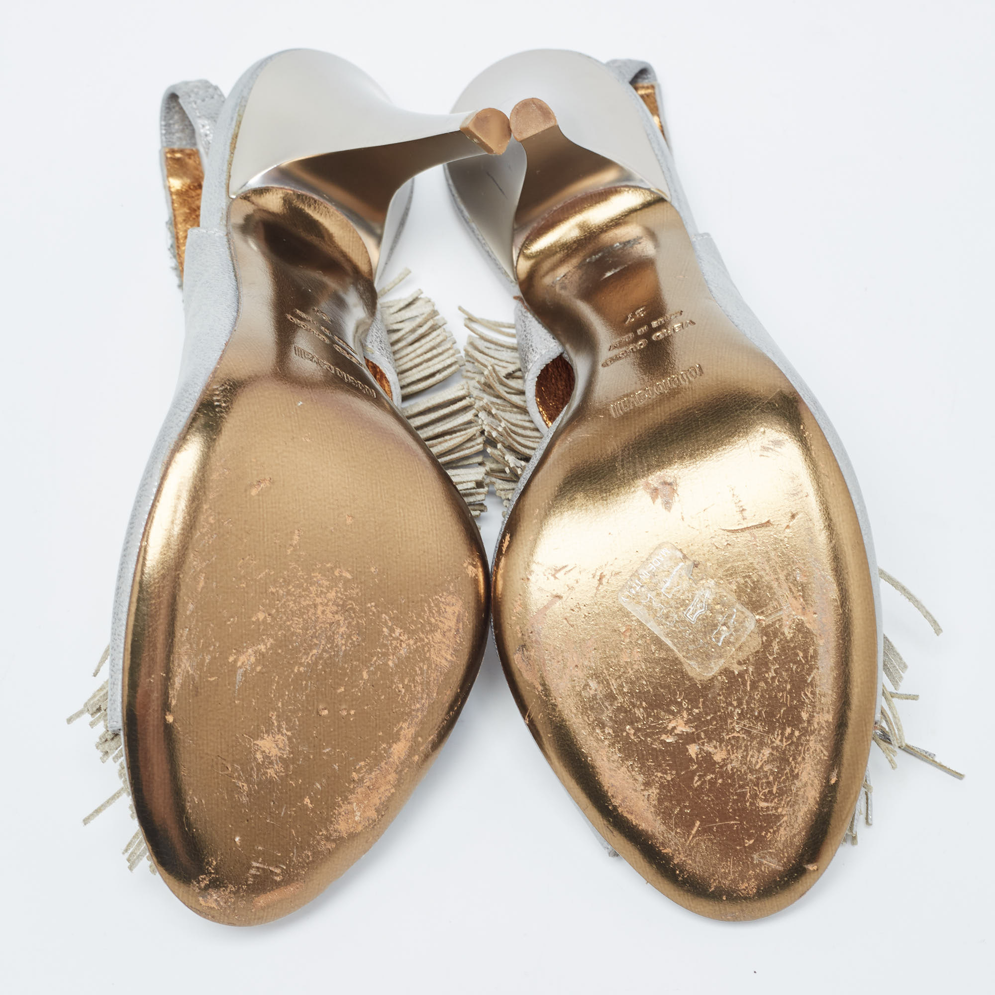 Roberto Cavalli Silver Leather Slingback Fringe Detail Peep Toe Sandals Size 37