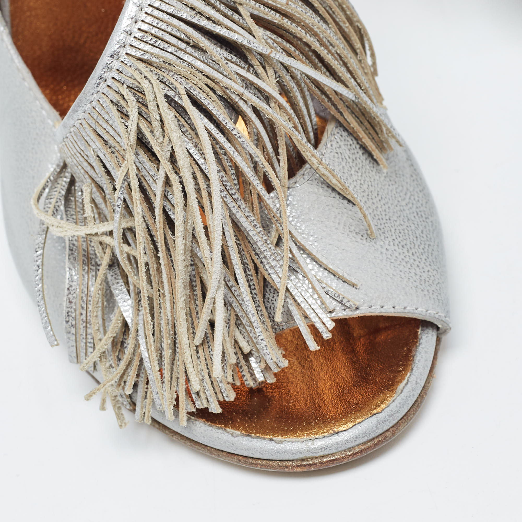 Roberto Cavalli Silver Leather Slingback Fringe Detail Peep Toe Sandals Size 37