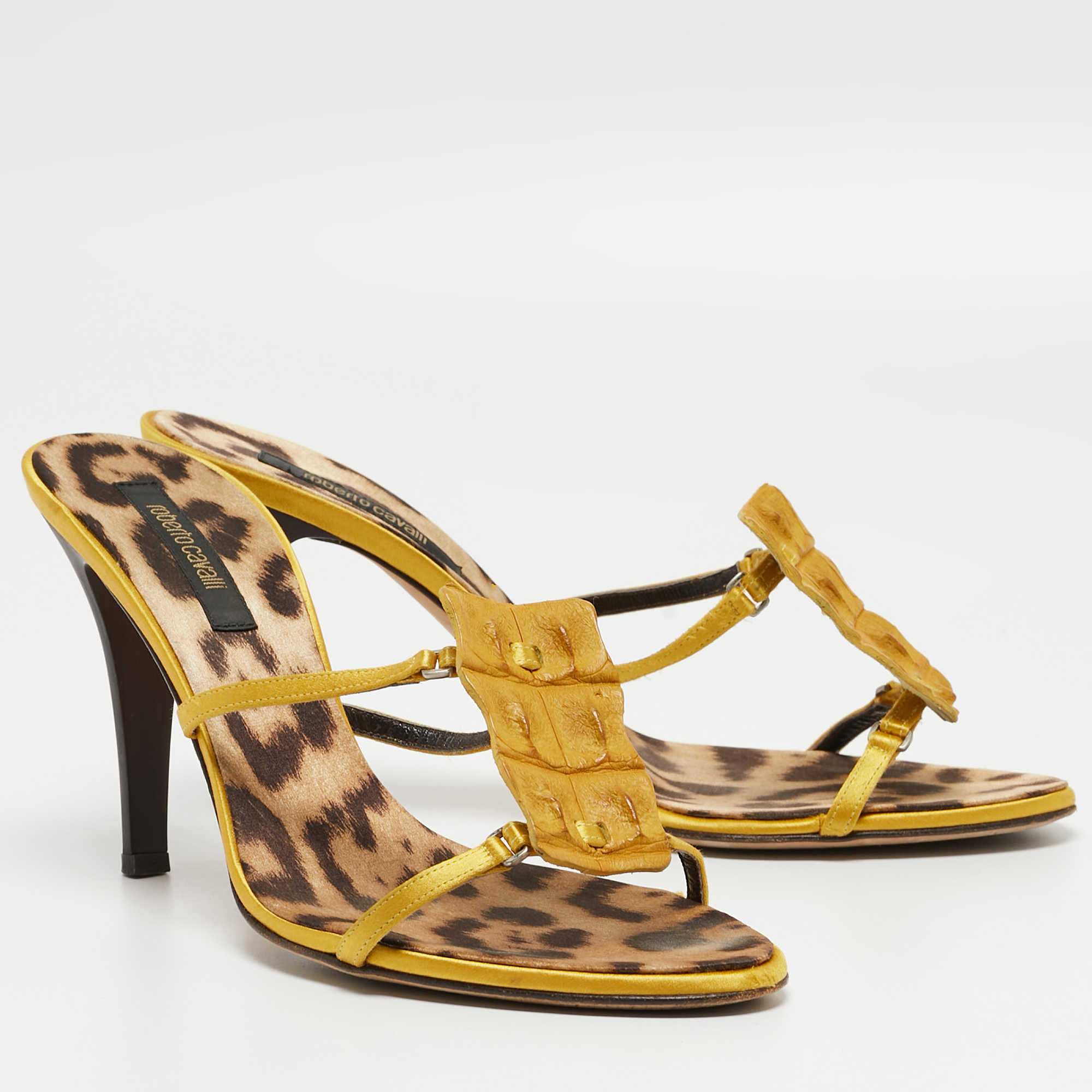 Roberto Cavalli Yellow Satin And Crocodile Slide Sandals Size 40