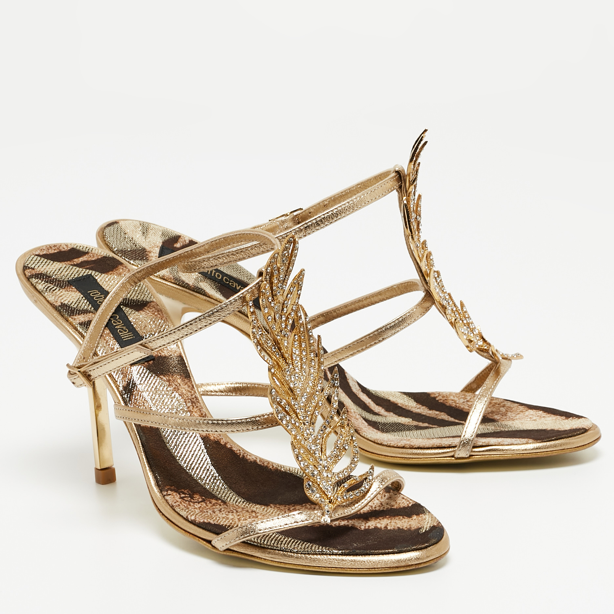 Roberto Cavalli Metallic Gold Ankle Strap Sandals Size 39.5