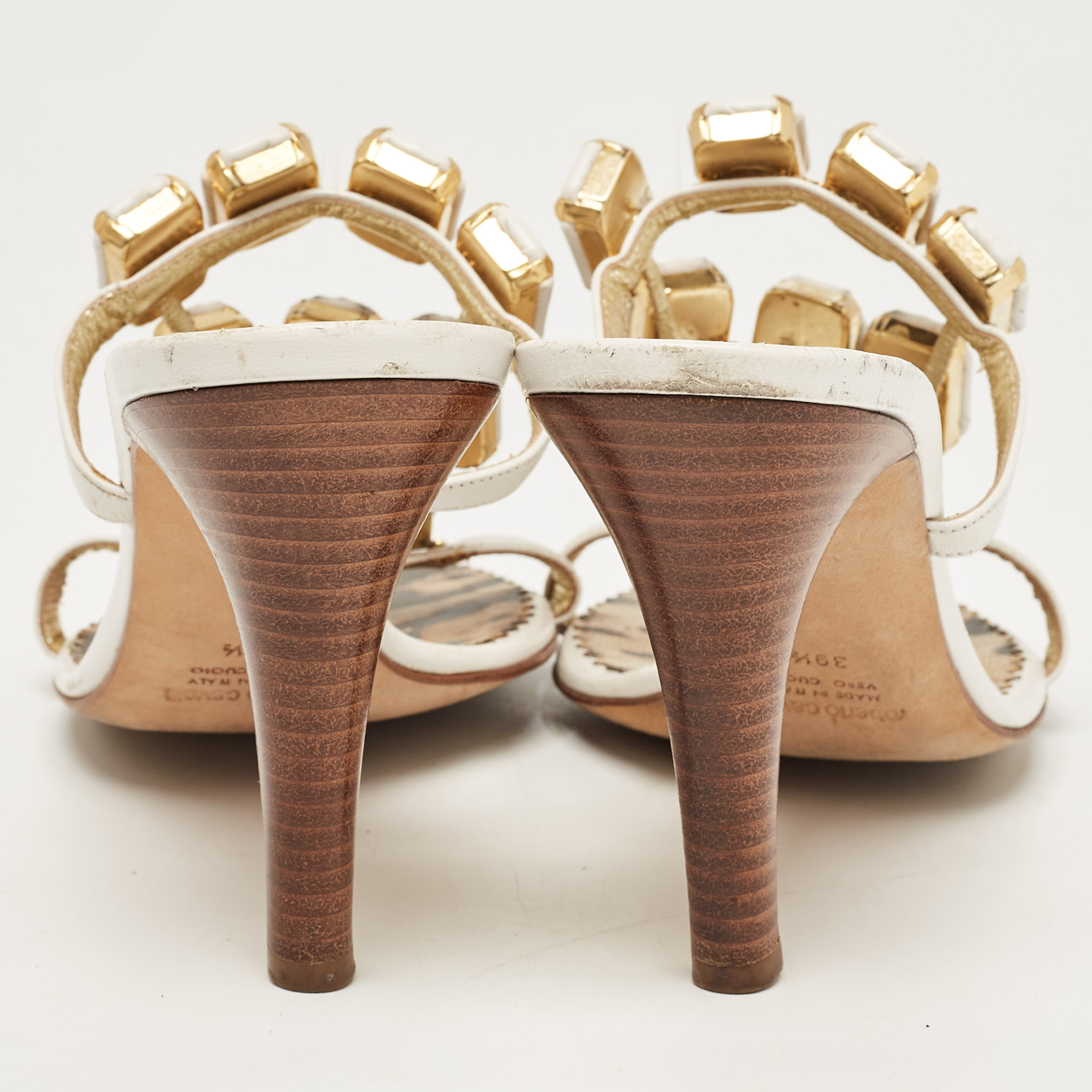 Roberto Cavalli White Leather Embellised Sandals Size 39.5