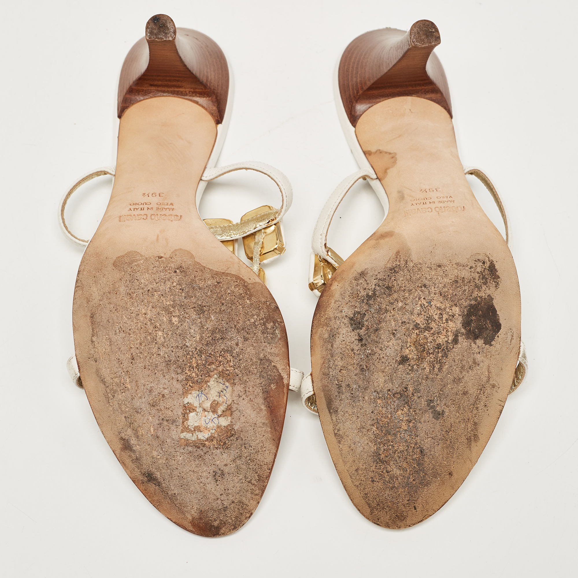 Roberto Cavalli White Leather Embellised Sandals Size 39.5