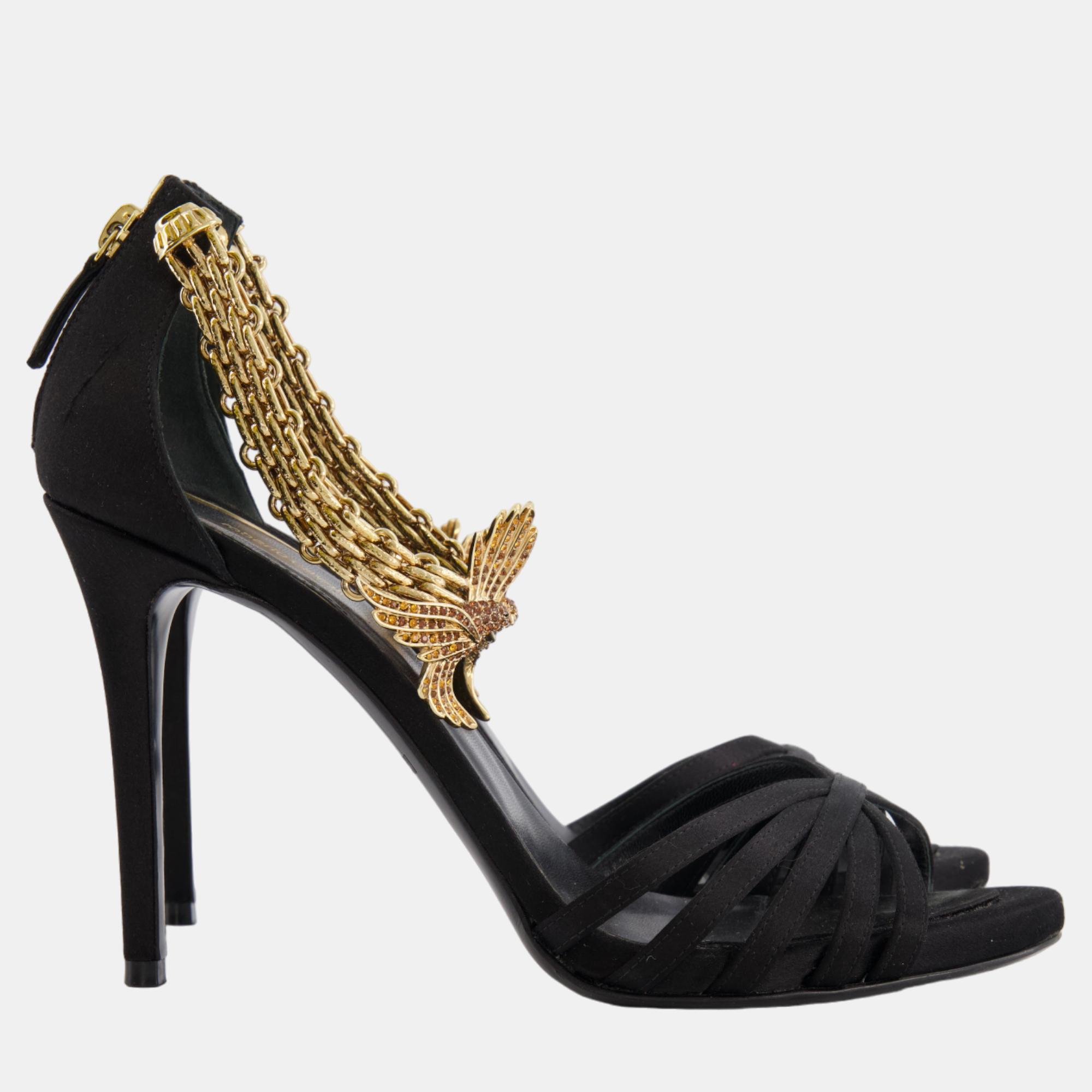 Roberto cavalli black sandal heels with crystal gold ankle-strap details size 39.5