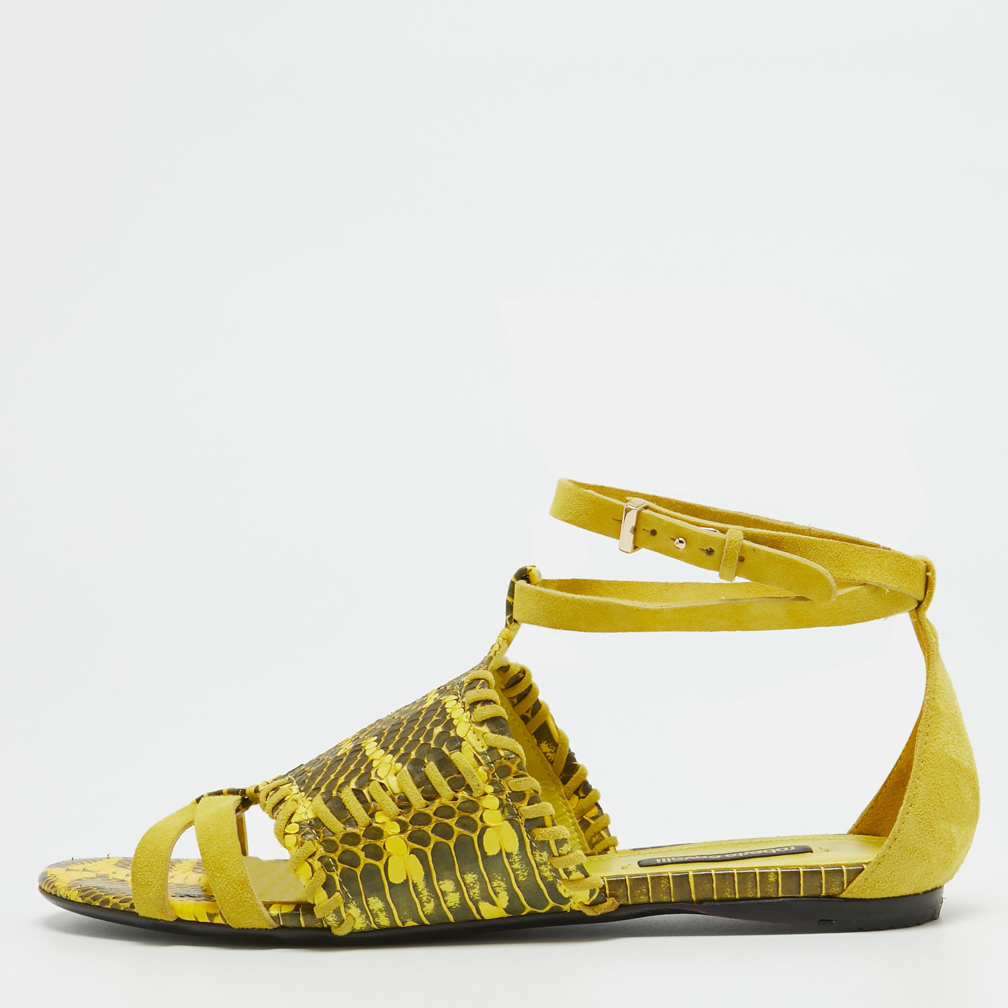 Roberto cavalli yellow/green snakeskin and suede slingback sandals size 38