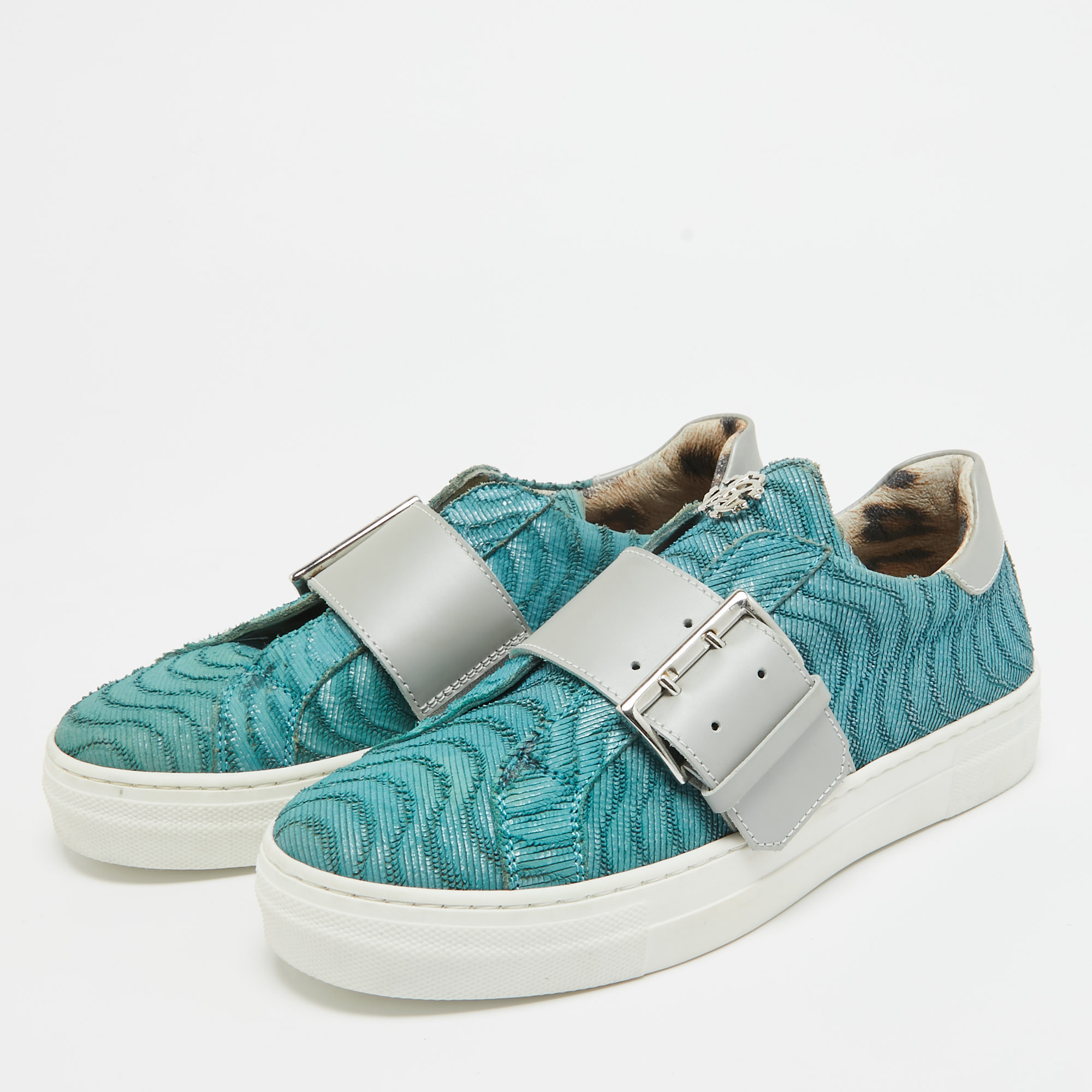 Roberto Cavalli Blue/Grey Leather Buckle Sneakers 35