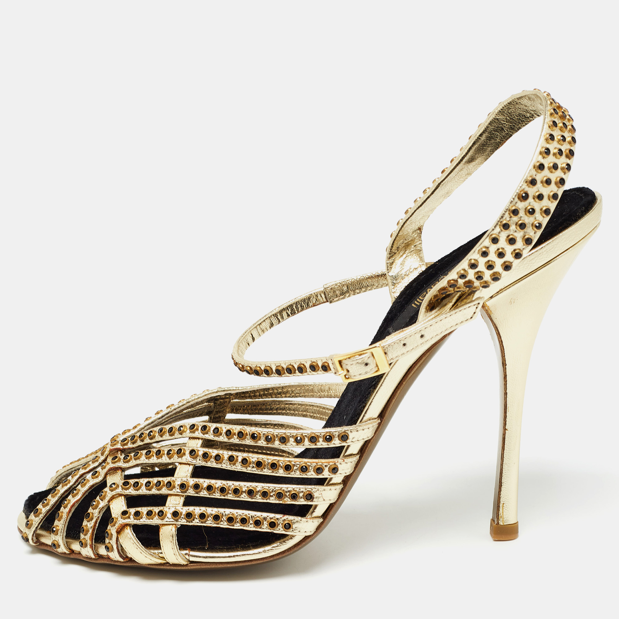 

Roberto Cavalli Metallic Gold Leather Ankle Wrap Sandals Size